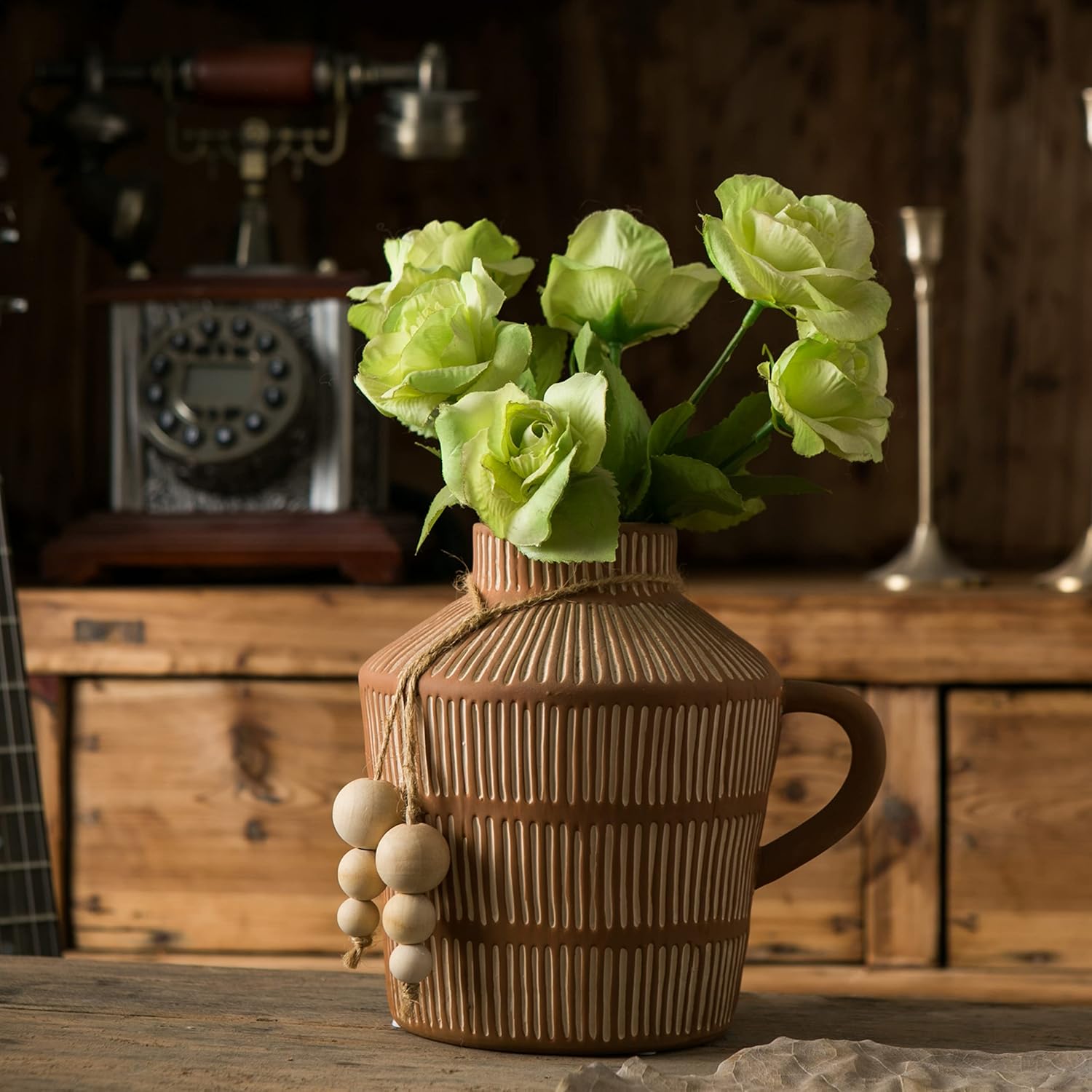 Rustic Farmhouse Vase / Yellow - Wooden Beads