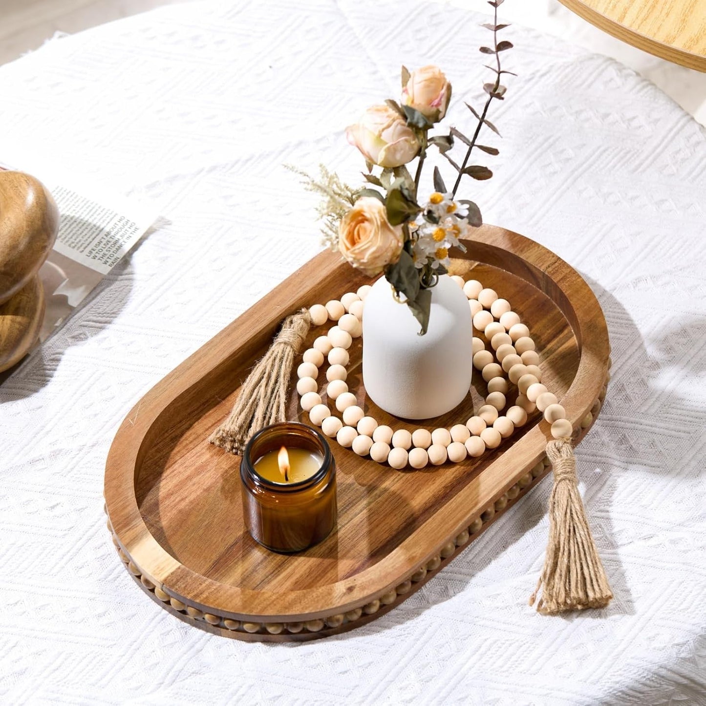 Bead Oval Wooden Serving Tray for Farmhouse Home Decor / Acacia Wood