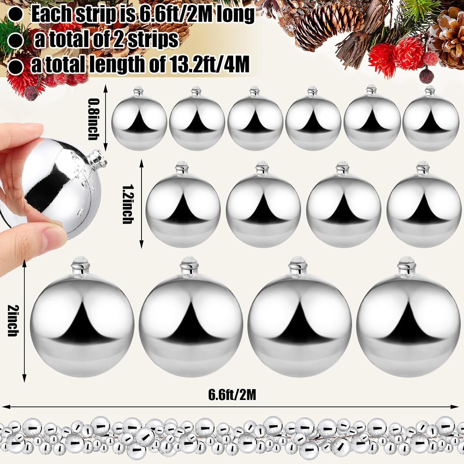 2 Pcs 6 ft Christmas Ball Ornament Garland, Silver | Bauble Bulb Christmas Tree Ball Decoration Shatterproof Ornaments