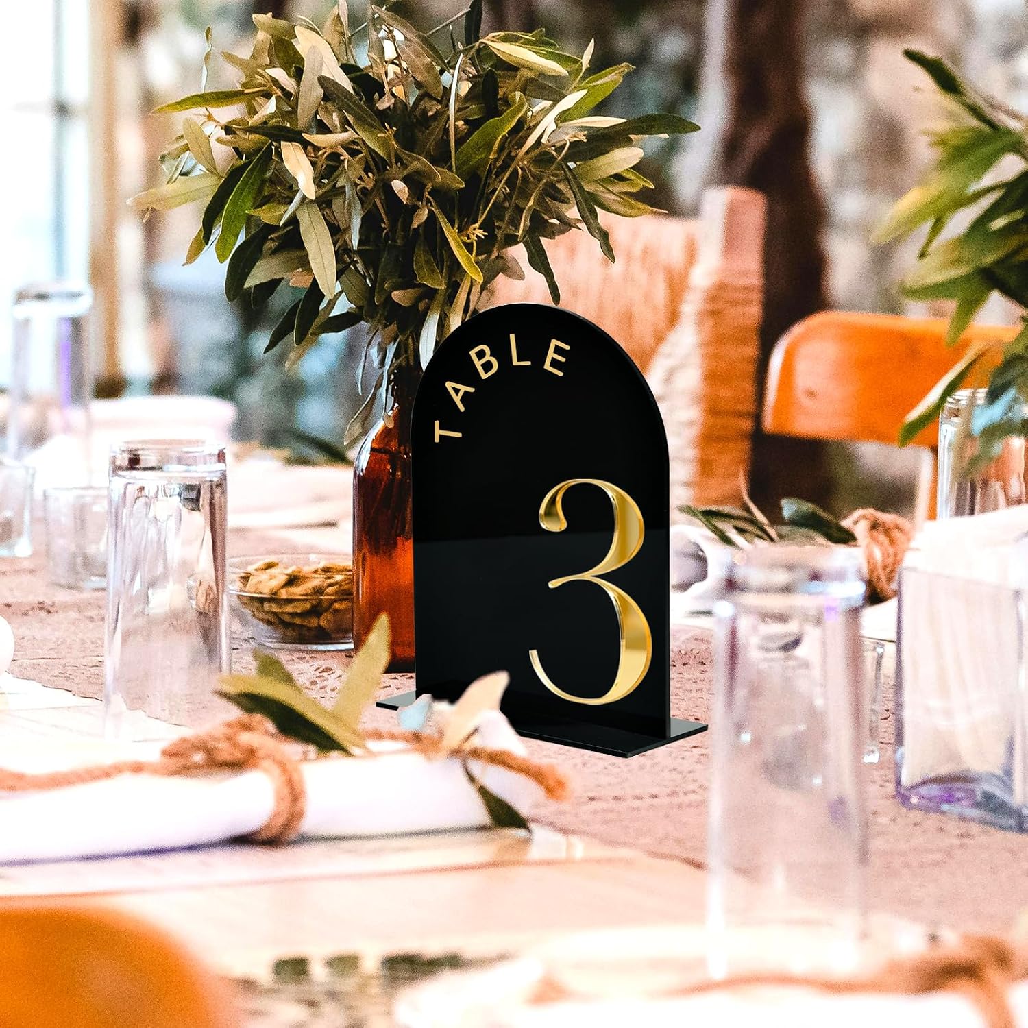 Black Arch Wedding Table Numbers 1-20, Gold Numbers and Stands | 10 Pack 5x7 Inch Black Arch Acrylic Sign with Raised