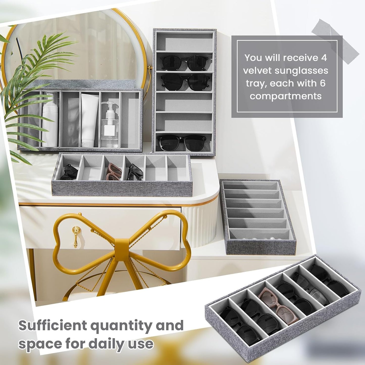 Velvet Sunglasses Organizer Tray 6 Grid Sunglass Organizer Velvet Tray Stackable / Gray / Set of 4