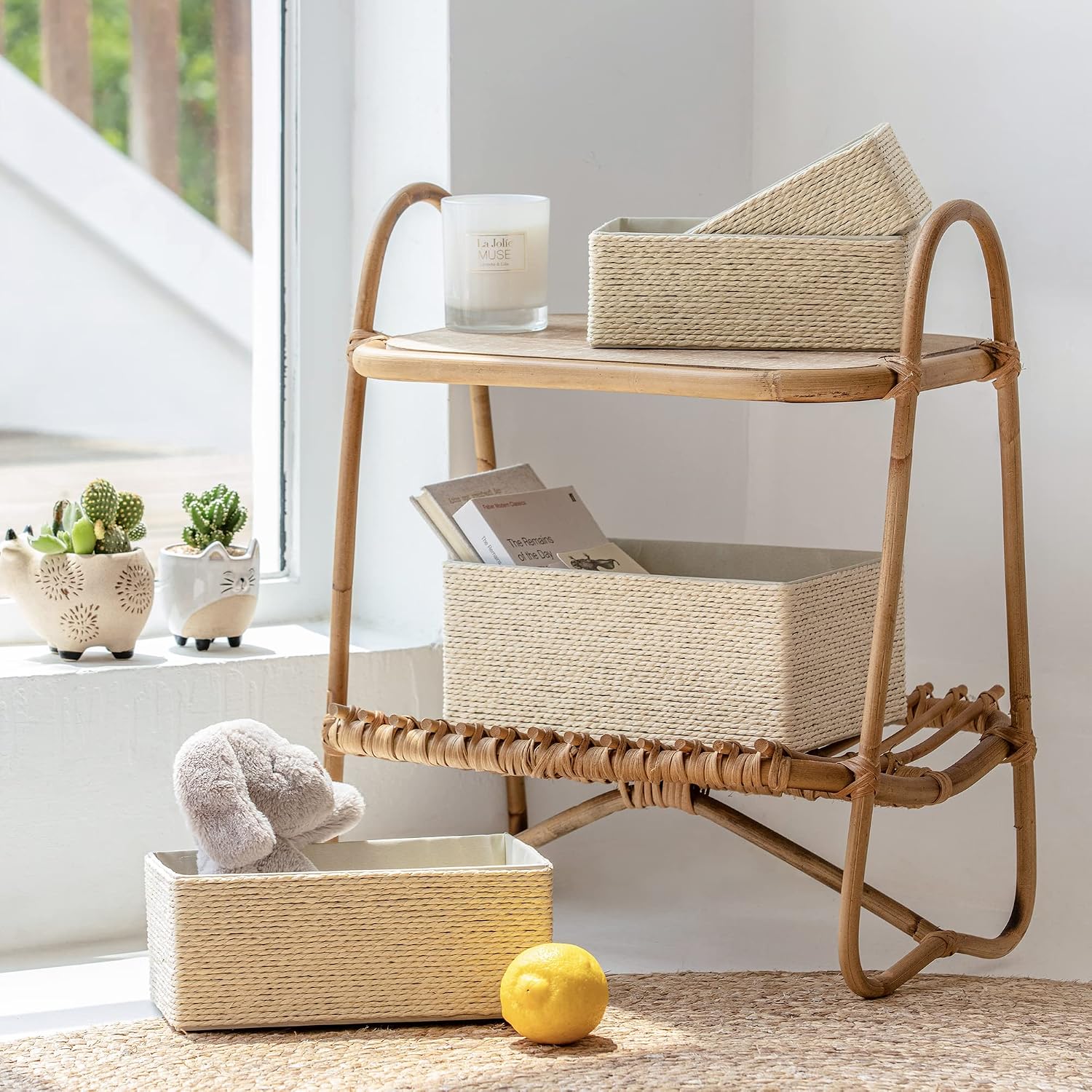 Stackable Woven Basket Paper Rope Bin / Beige