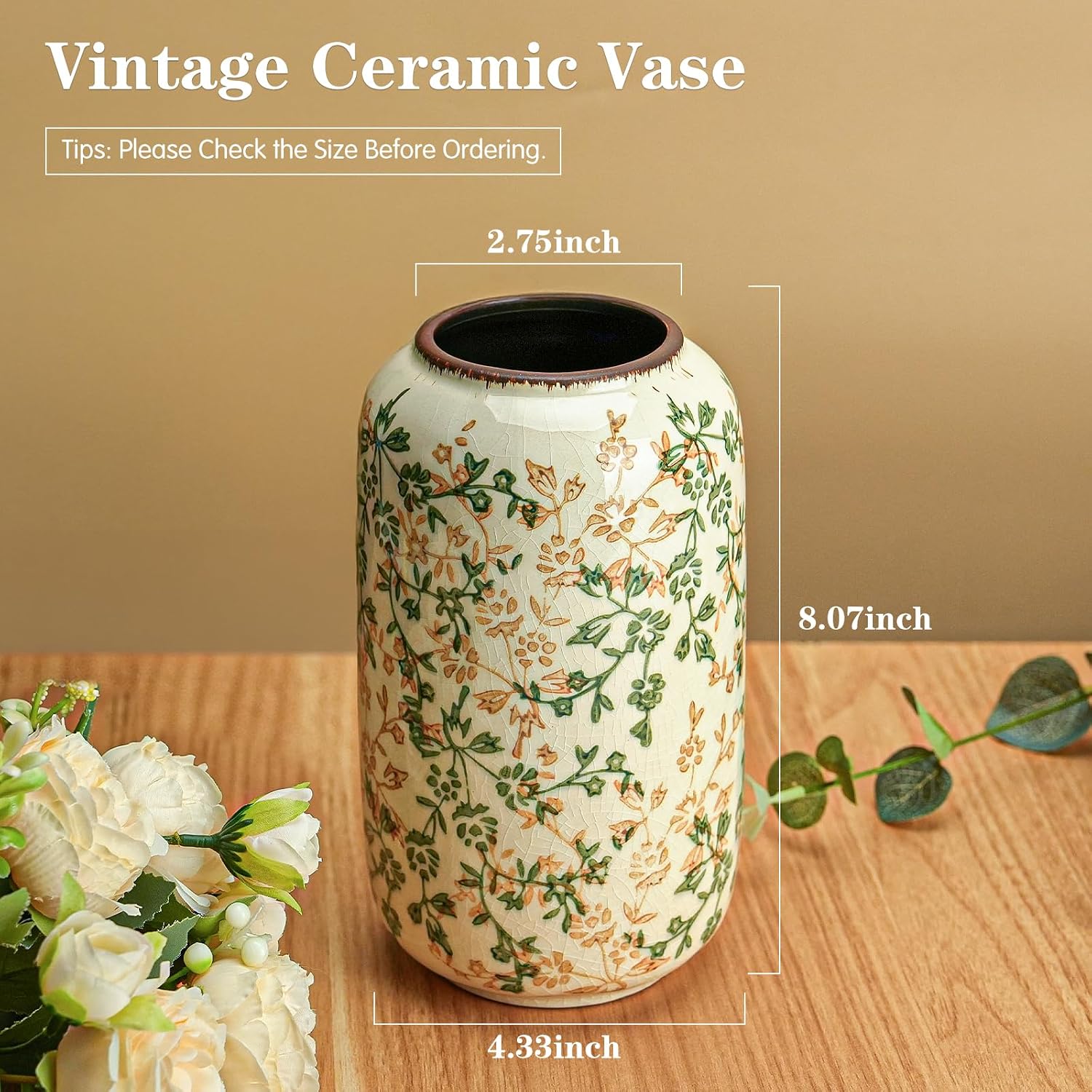 Ceramic Vase for Flowers / Ice Crack Beige