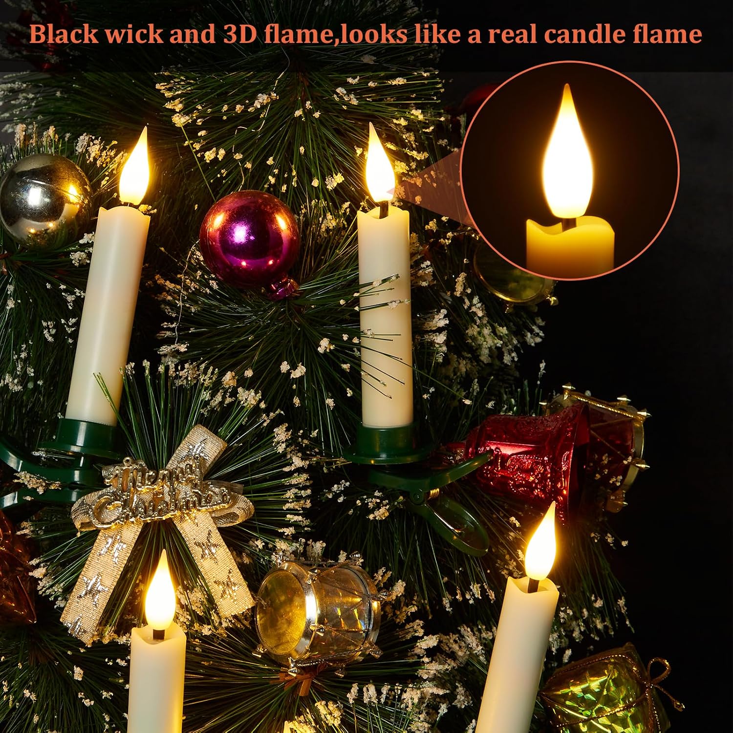 IMAGE 12Pcs LED Taper Candles Light Set Flameless 3D Wick Ivory Candles with Clip-on Christmas Tree Design, 10-Key