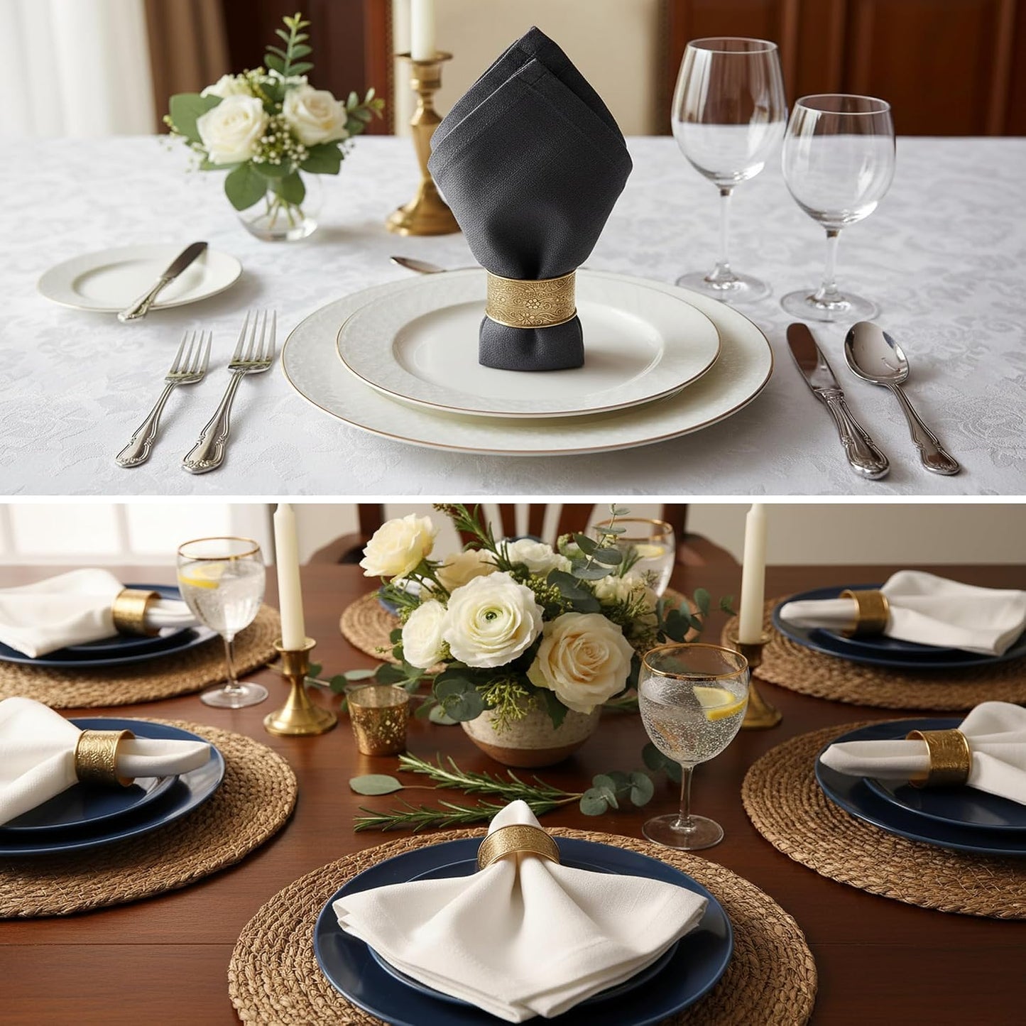 Handcrafted Floral Table Napkin Rings, Gold Tone, Set of 12 | Handcrafted large-size floral napkin holders; Decorative