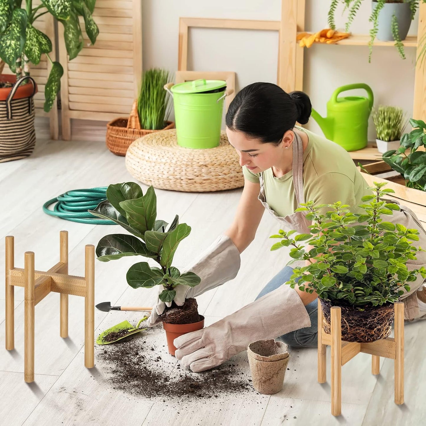 2 Pack Bamboo Plant Stands, Adjustable Plant Stand Indoor | Mid Century Modern Plant Stand, Plant Holder for Living