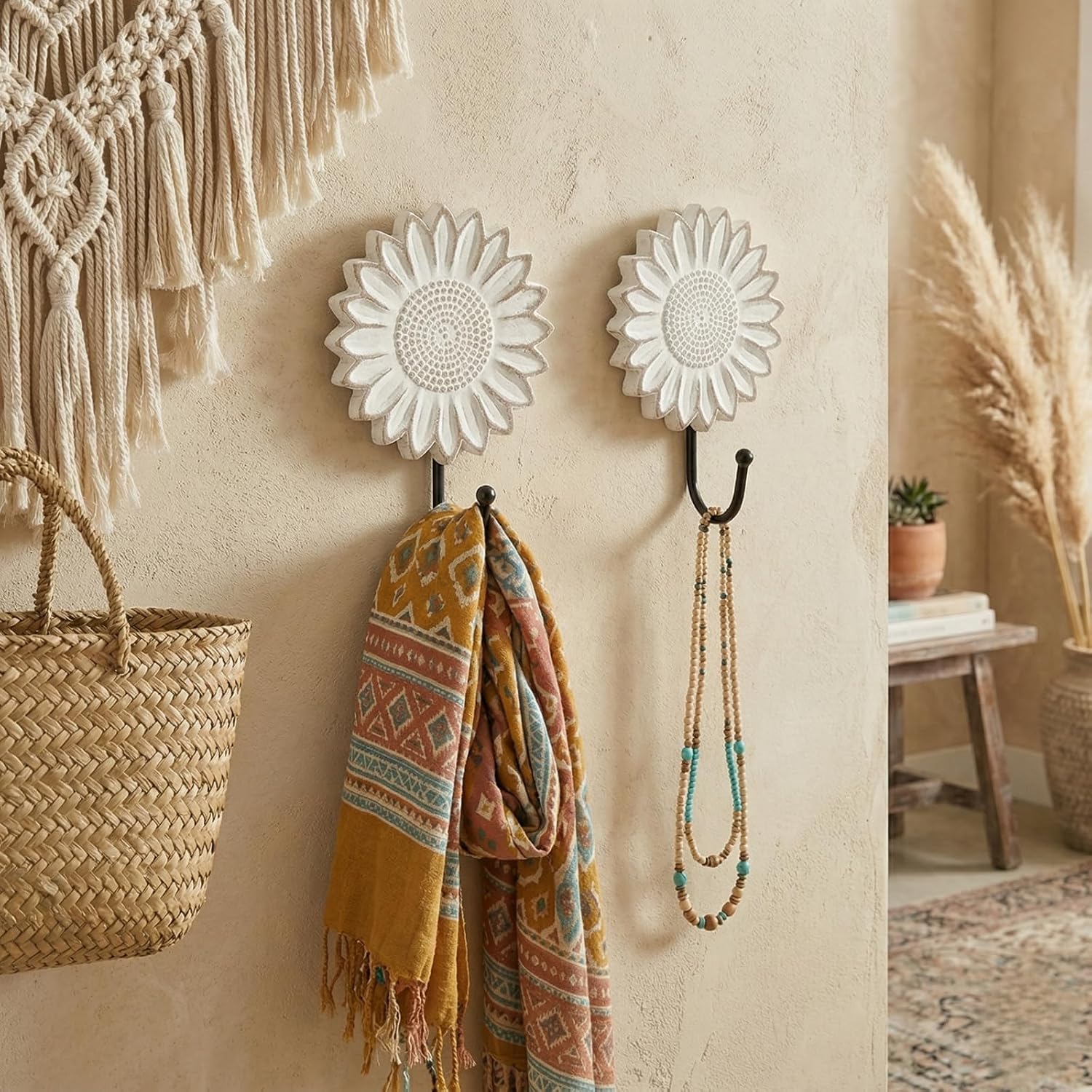 Rustic Wooden Sunflower Wall Hooks / White / Set of 2