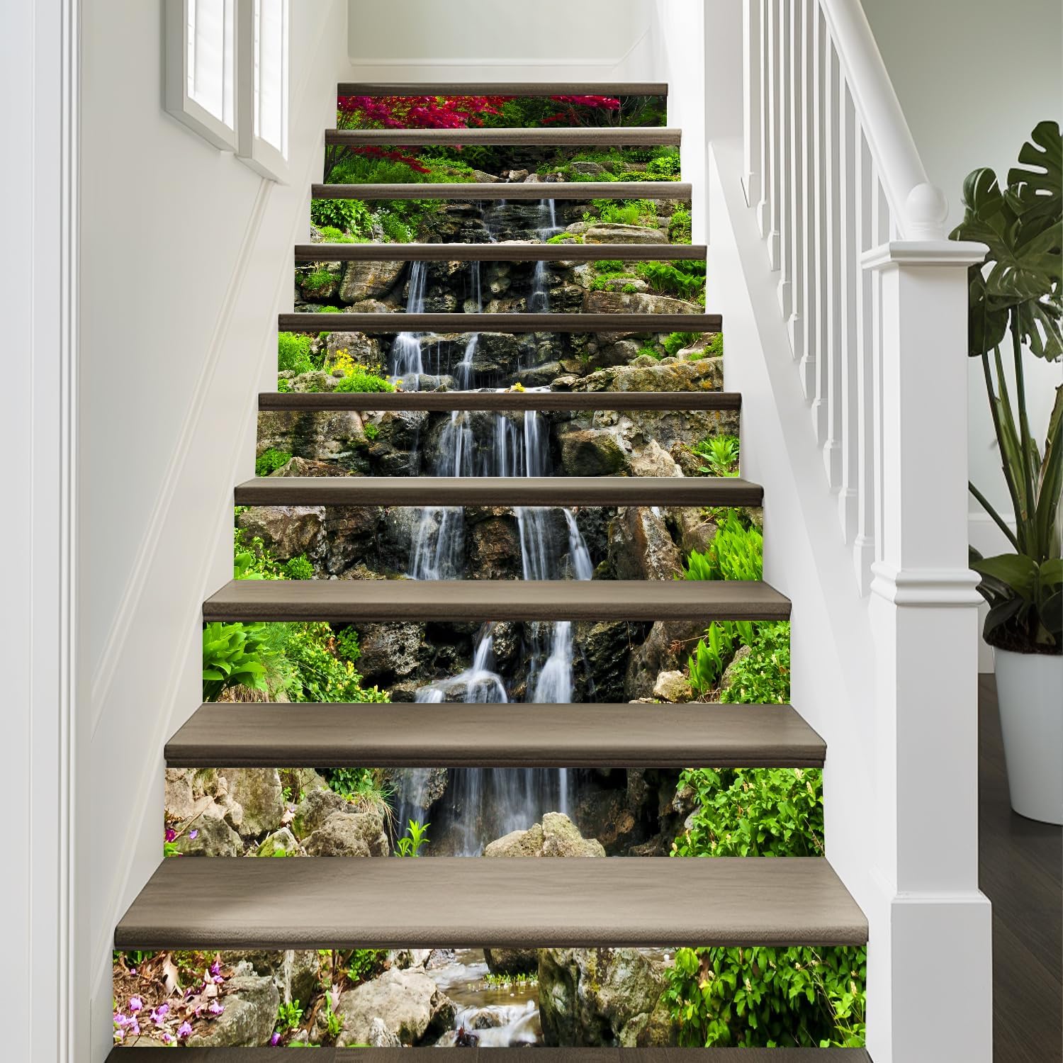 3D Small Waterfall in Mountains Stair Stickers Peel and Stick -Self-Adhesive / A3659 / Set of 13
