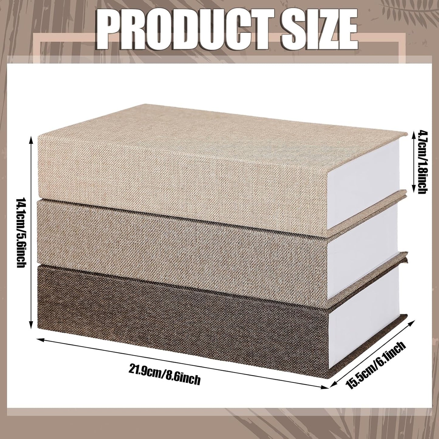 Fake Book Box Neutral Linen Book Box / 8.6 x 6.1 x 1.8 / Khaki, Dark Coffee, Light Coffee / Set of 3