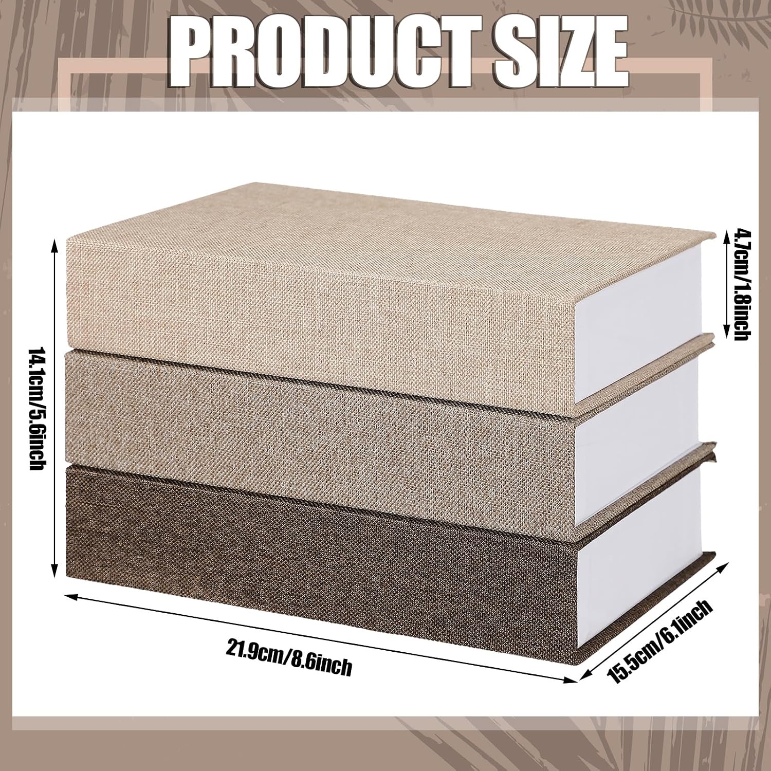 Fake Book Box Neutral Linen Book Box / 8.6 x 6.1 x 1.8 / Khaki, Dark Coffee, Light Coffee / Set of 3