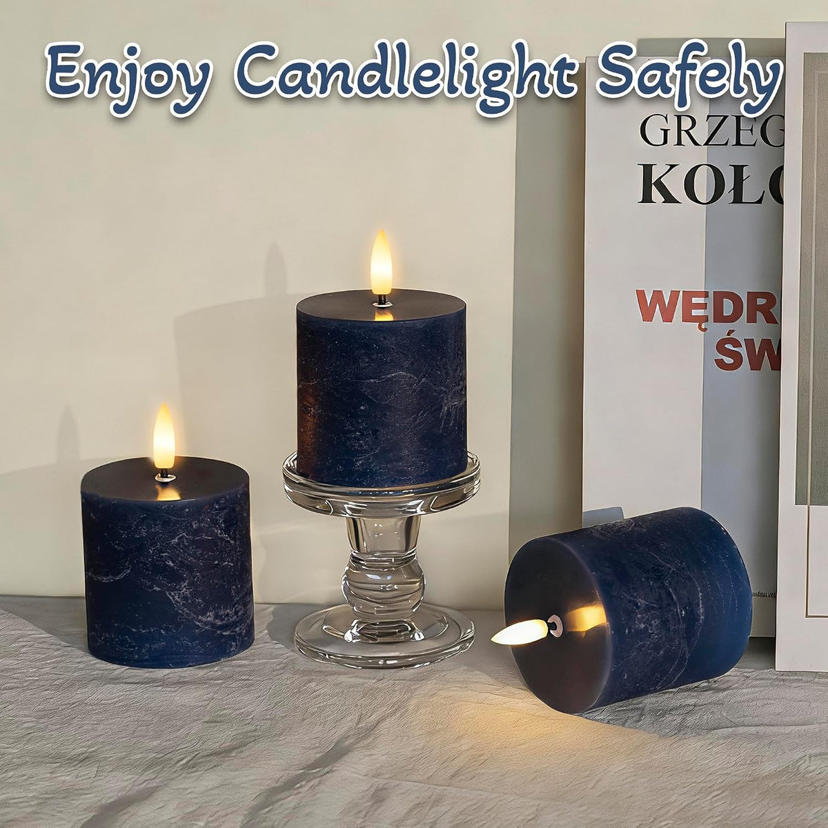 Navy Blue Flameless Candles with Remote and Timer, Fake Candles Set of 3 | 3 x 3 Inch Battery Operated Pillar Candles