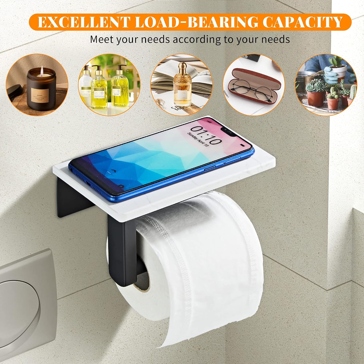Matte Black Toilet Paper Holder with Marble-Look Shelf, Wall Mounted SUS304 Stainless Steel Toilet Roll Holder with