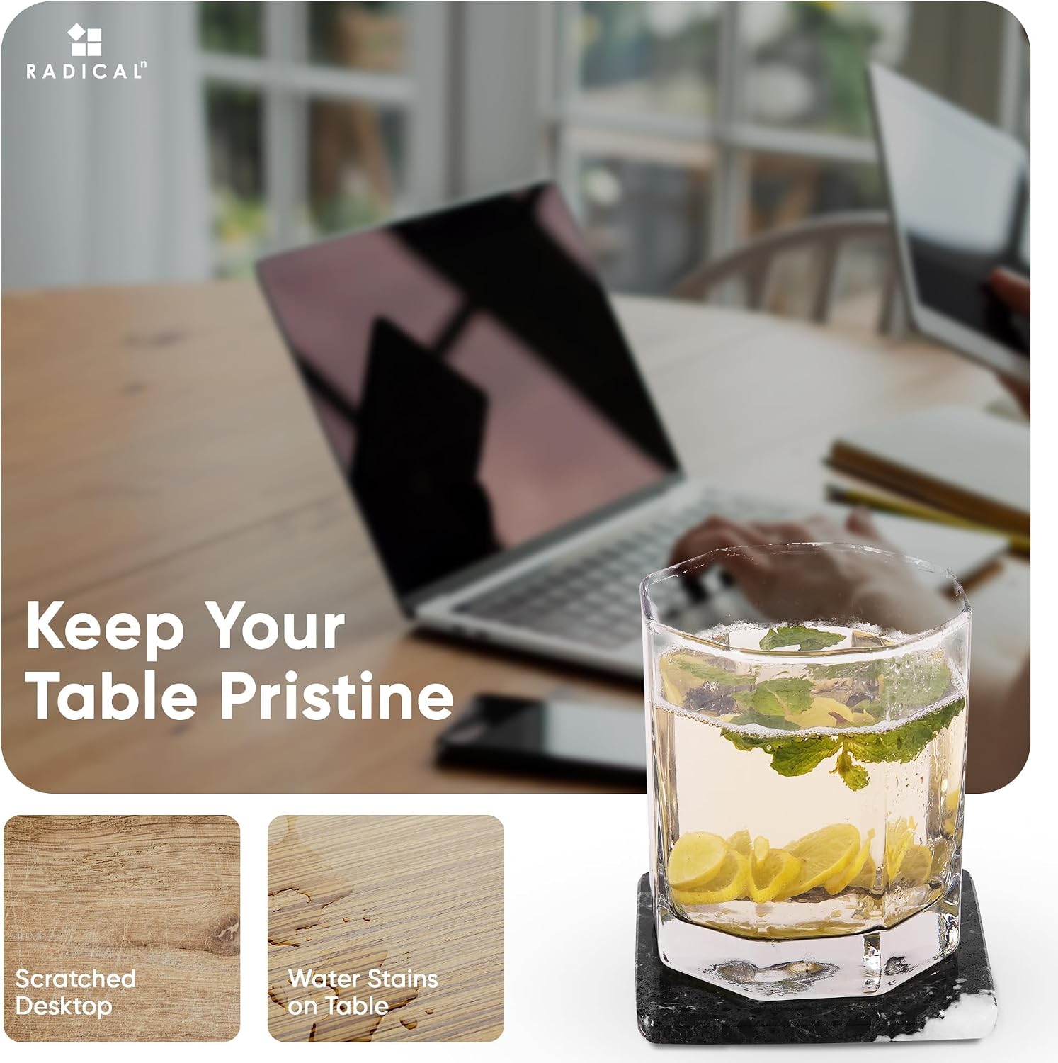 Holder / Marble Coasters Handmade 3.5" Square Coasters for Drinks / Black / Set of 6