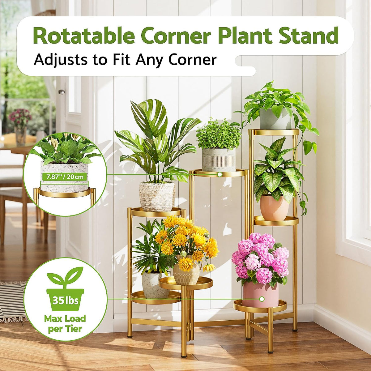 Stand Plants Gold, 7 Tiered Corner Plant Stand Indoor Outdoor, Tall Folding Rack with Rust Proof 7.9 Inch Wide Tray