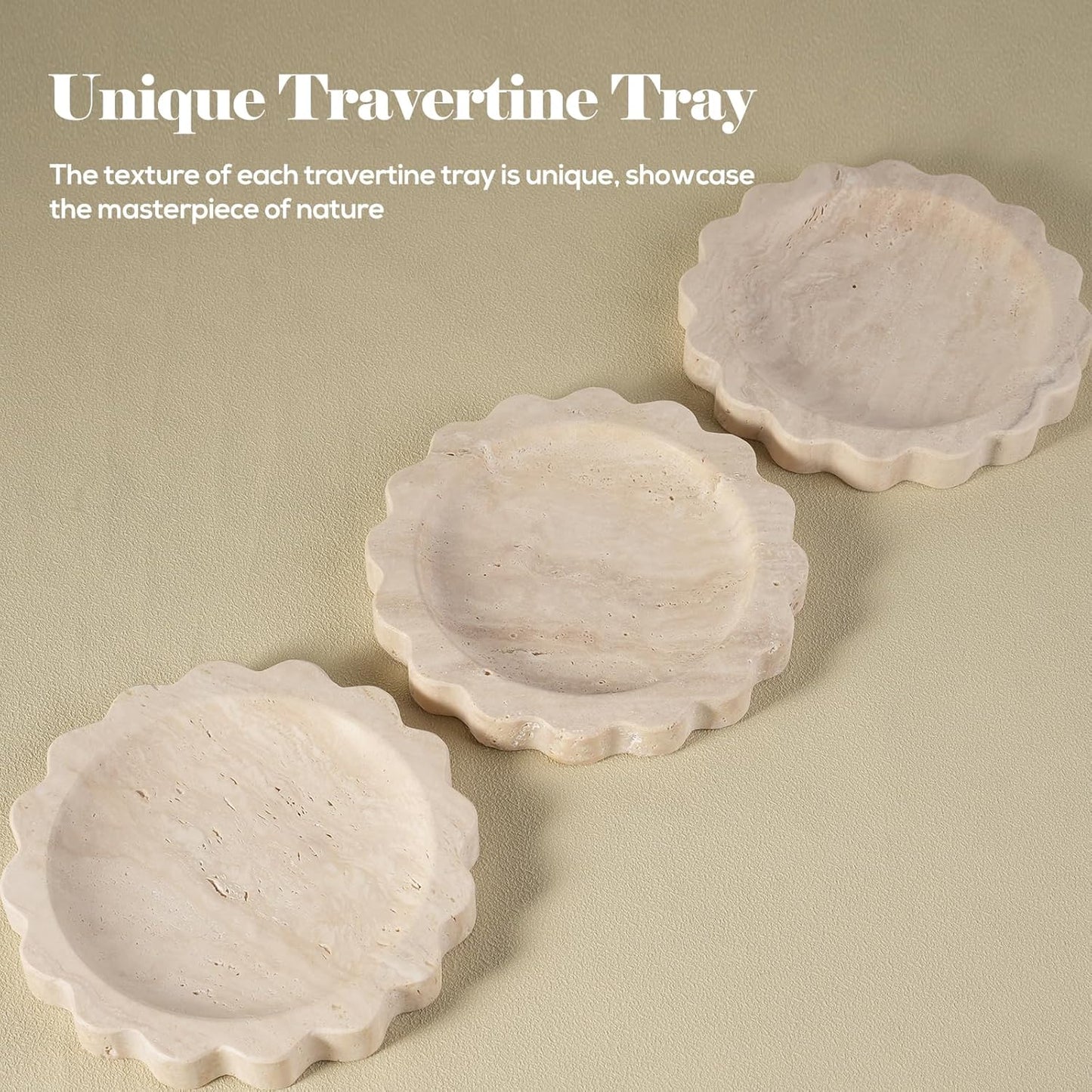 Round Scalloped Decorative Tray / Beige Travertine / D=5.51