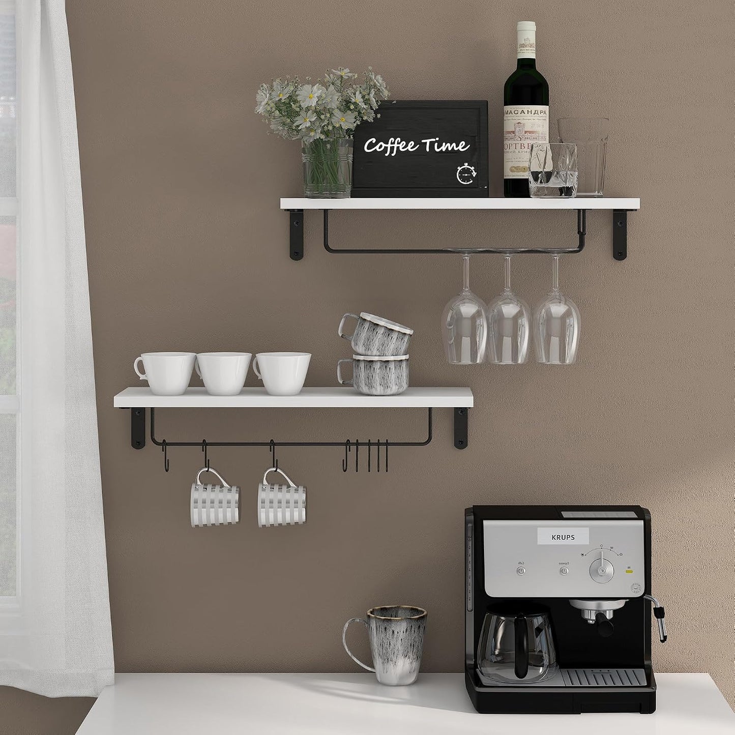 Afuly Coffee Bar Shelf, 20 Inch Coffee Mug Holder Wall Mount, White Shelves | Mug Shelf for Mugs & Glasses, Floating