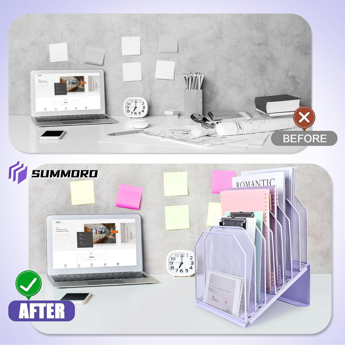SUMMORO Inclined File Organizer for Desk, 7-Section Vertical File Holder | Office Desk Organizer Metal Rack File