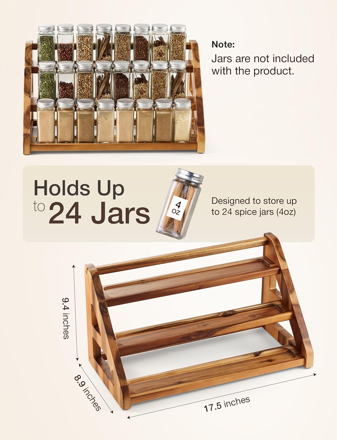 Tinamo Acacia Wood Spice Rack for Countertop, 3-Tier Design, Holds 24 Jars | Solid Acacia Wood, 3-tier Spacious Design