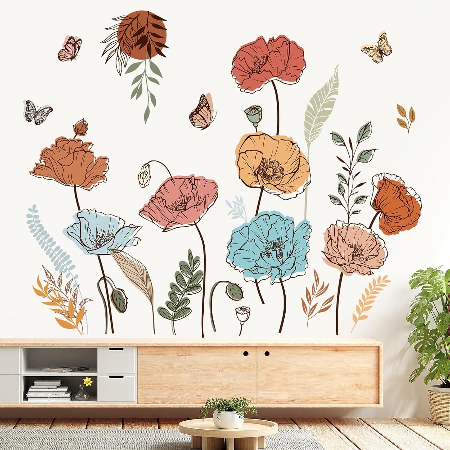 Large Boho Flower Wall Decals Butterfly Boho Floral Plants Wall Stickers Living Room Bedroom Nursery