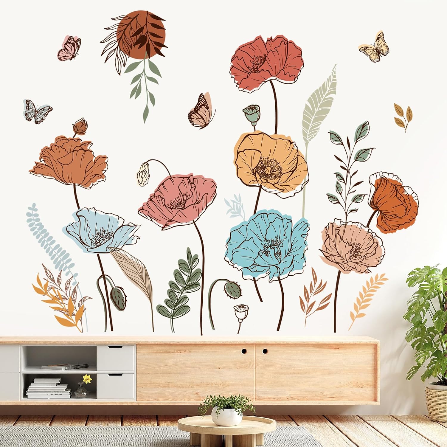 Large Boho Flower Wall Decals Butterfly Boho Floral Plants Wall Stickers Living Room Bedroom Nursery