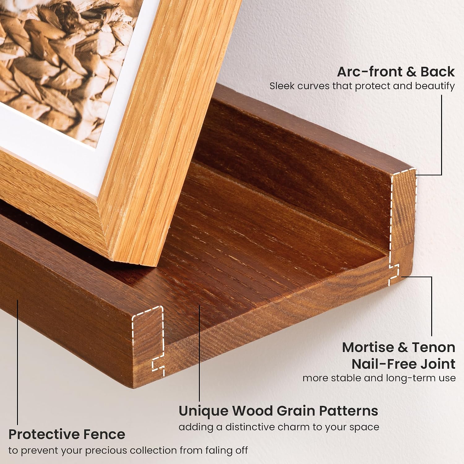 Acovy Solid Ash Wood Floating Shelves, 48 Inch, Walnut, Set of 2 | Wood Picture Ledge, Wall Mounted, For Living Room