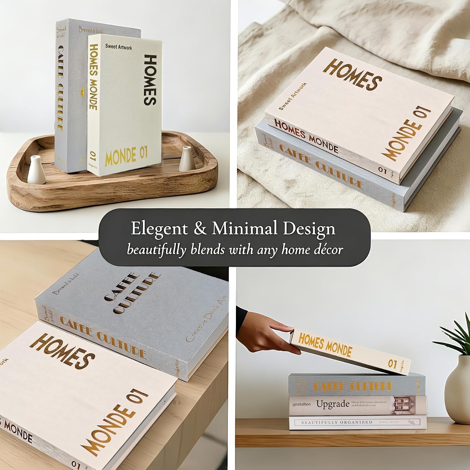 Linen Hollow Faux Book Storage Box Stackable Shelf Decor / 2 Boxes / Grey / Set of 2