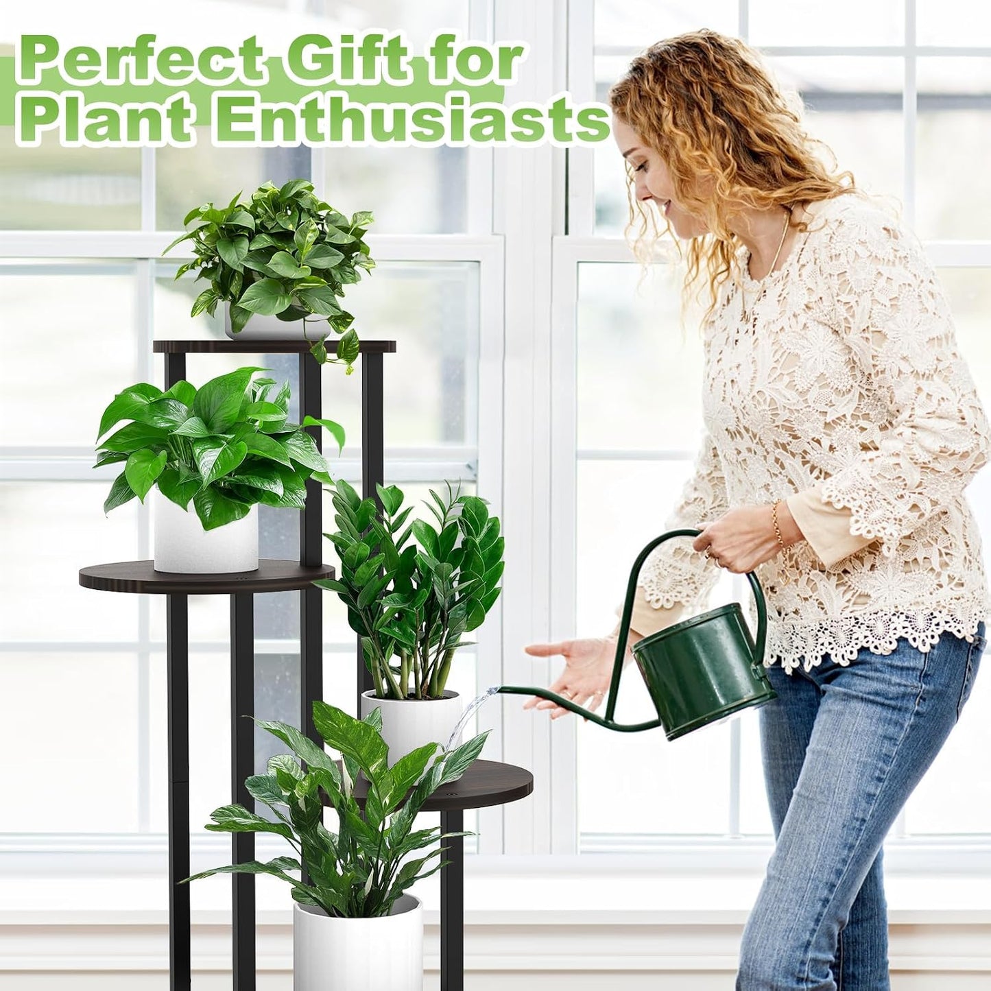 5 Tier Wood Tall Plant Stand Metal Rack Indoor, Multiple Flower Pot Holder Shelves Corner Rack, Round Planter Shelf