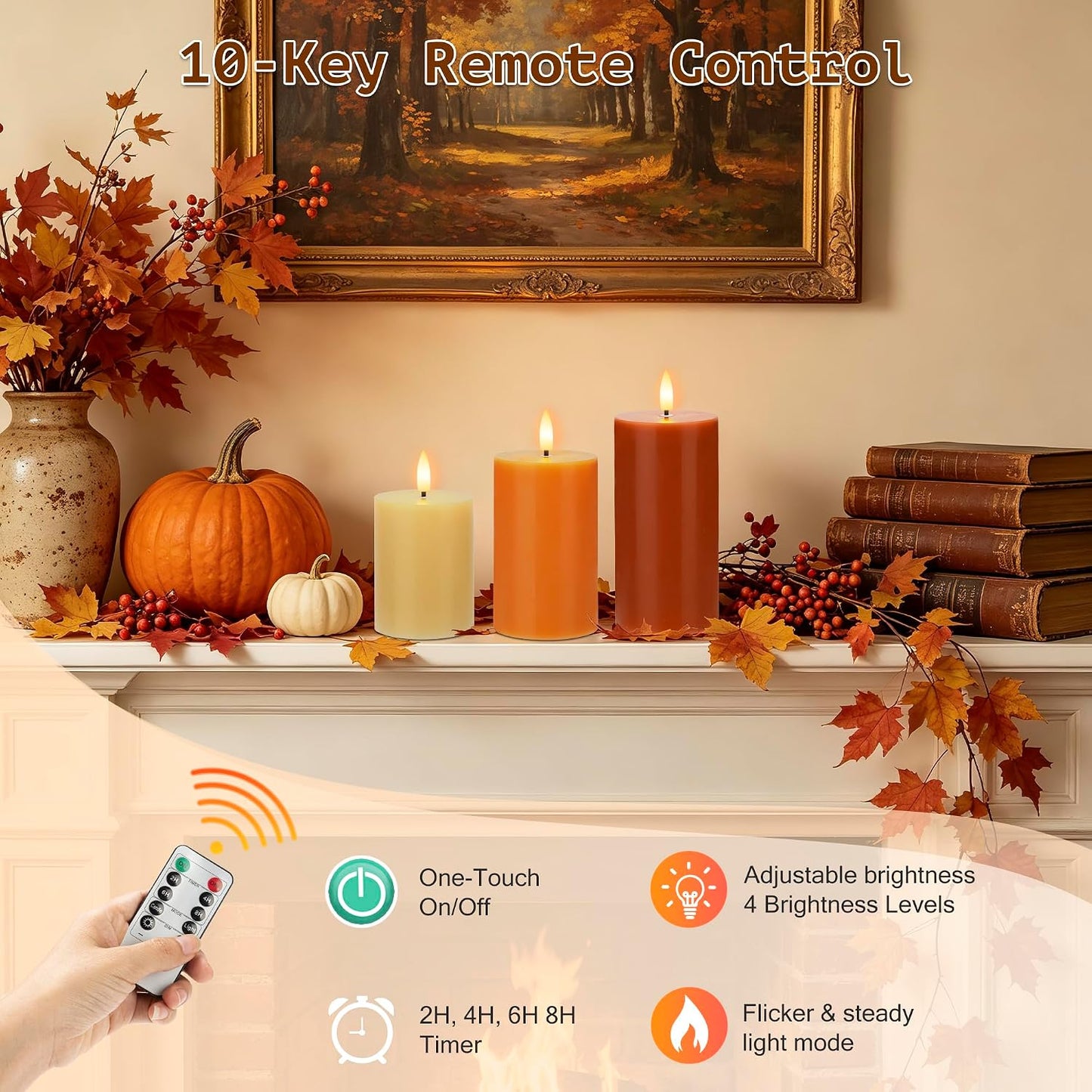 Flameless Candles with Remote, Fall Battery Operated Wax Candles | Flickering Autumn Harvest Pillar Candles, Decorative