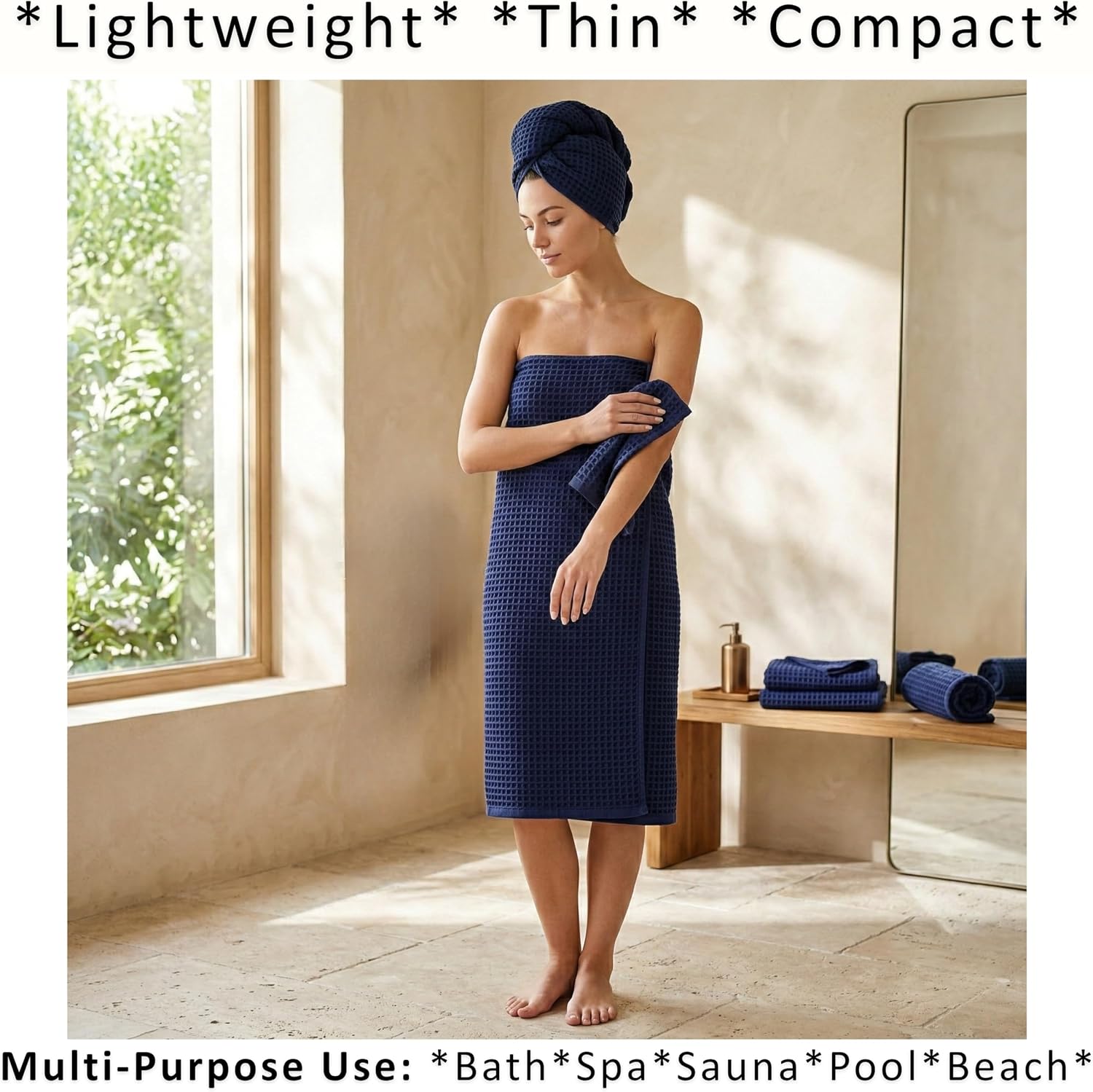 PÜSKÜL Natural 100% Turkish Cotton Waffle Bath Towels Set of 2, Extra-Large | Navy Blue, Oversize 32x63" Bath sheet
