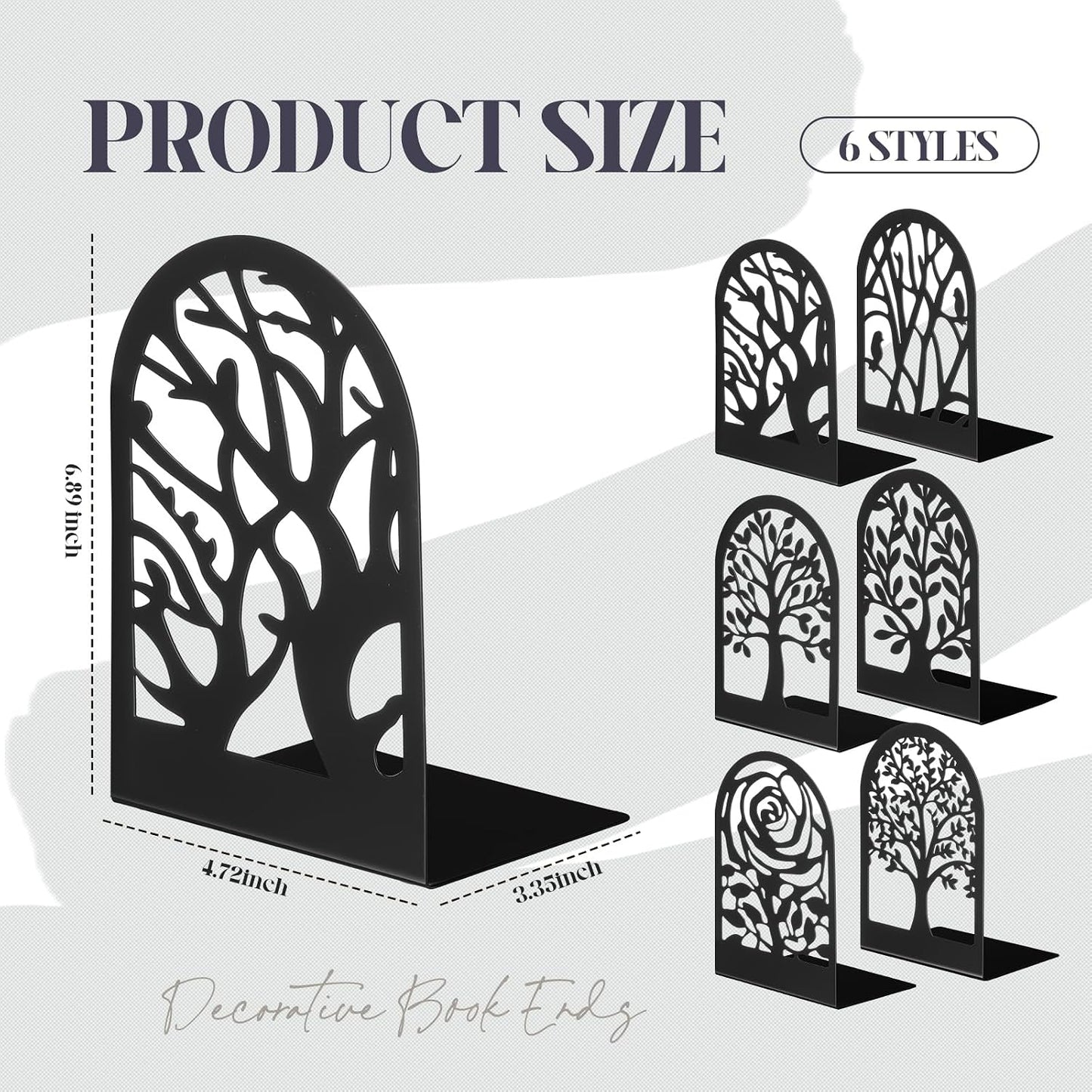 6 Pairs Decorative Book Ends Metal Bookends / Tree and Flower / Black