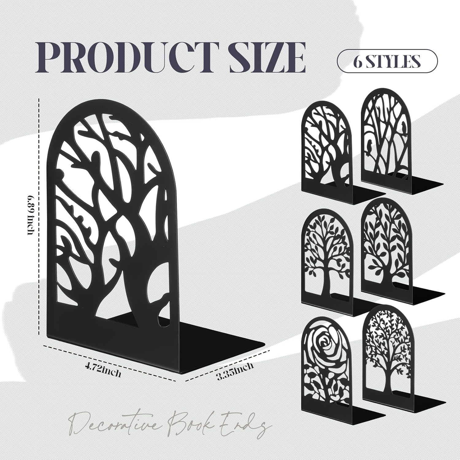 6 Pairs Decorative Book Ends Metal Bookends / Tree and Flower / Black