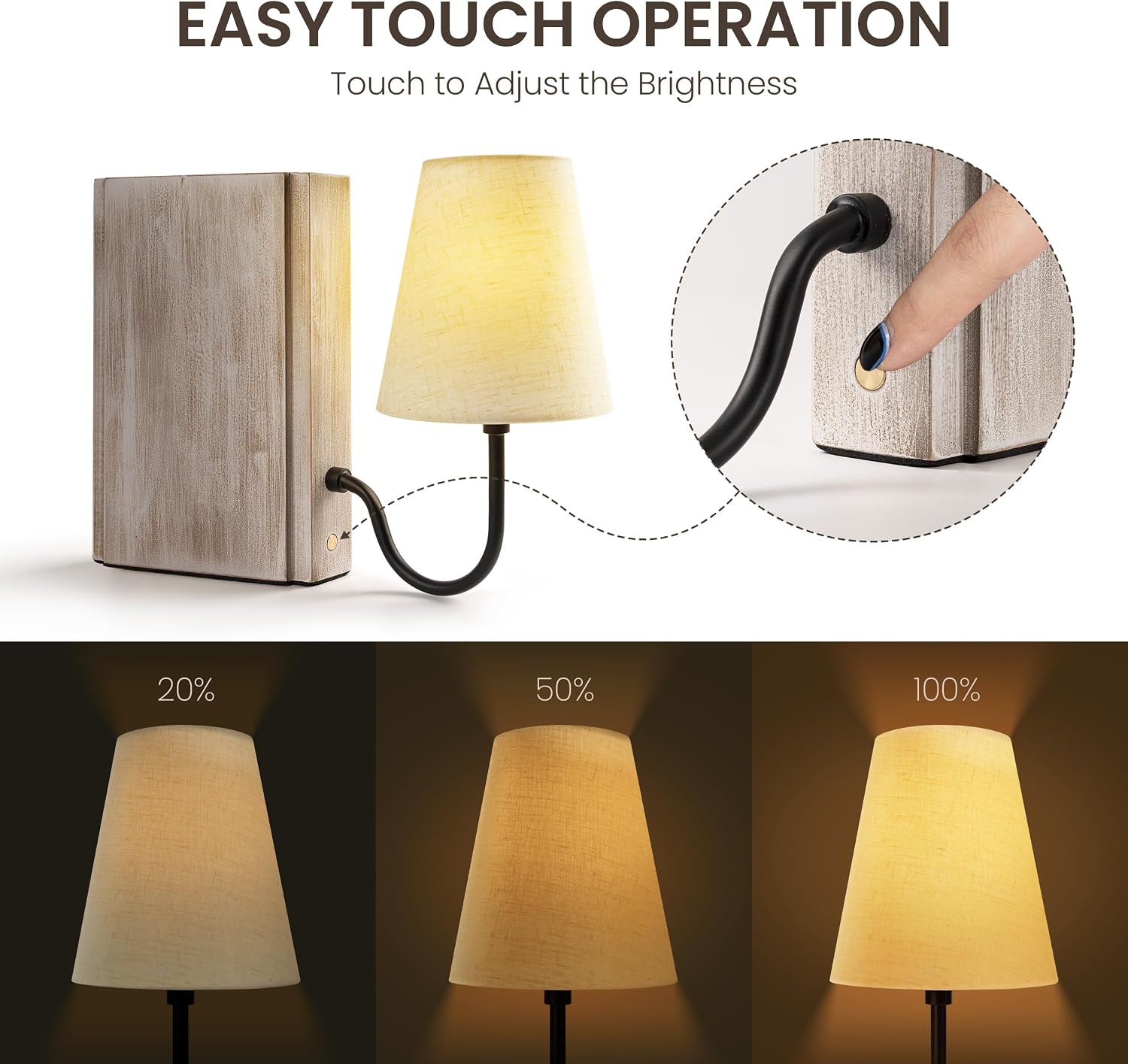 Solid Wood Bookshelf Lamp with Bulb, Cordless Rechargeable Touch Dimmable Table Lamp with Linen Fabric Shade, Modern