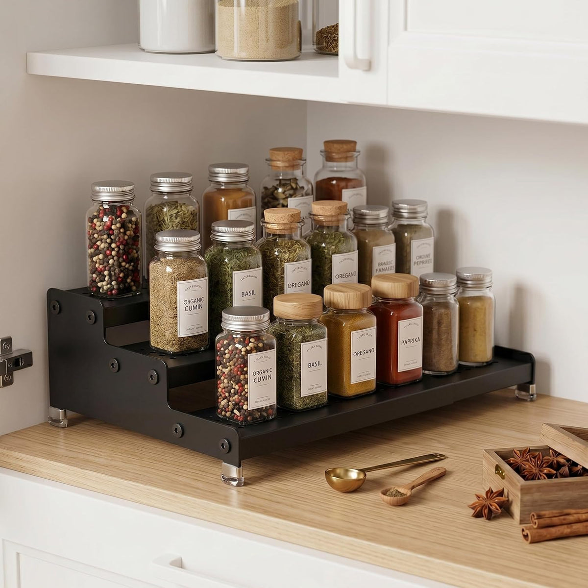 Expandable 3-Tier Spice Metal Shelf Rack, Black, 2 Packs | Kitchen Cabinet and Pantry Organizer, Seasoning Storage