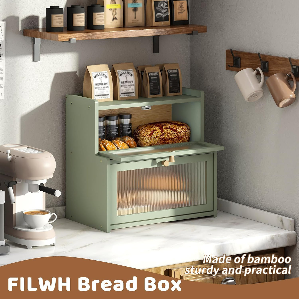 Bread Box for Kitchen Countertop Double Layer Large Corner Bread Box Capacity Bread Storage Bin Farmhouse Breadbox