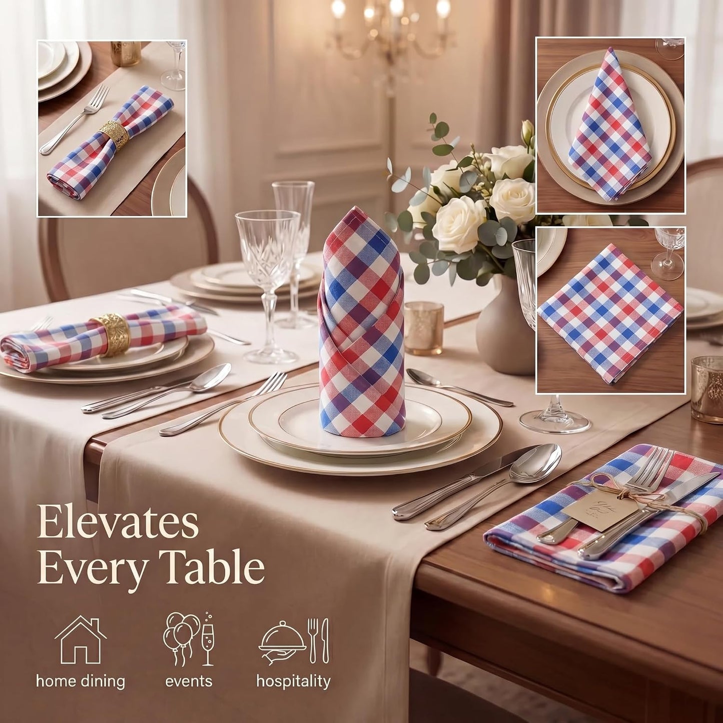 Urban Villa Cloth Napkins July4th 20x20 (Set of 12) Red/Blue