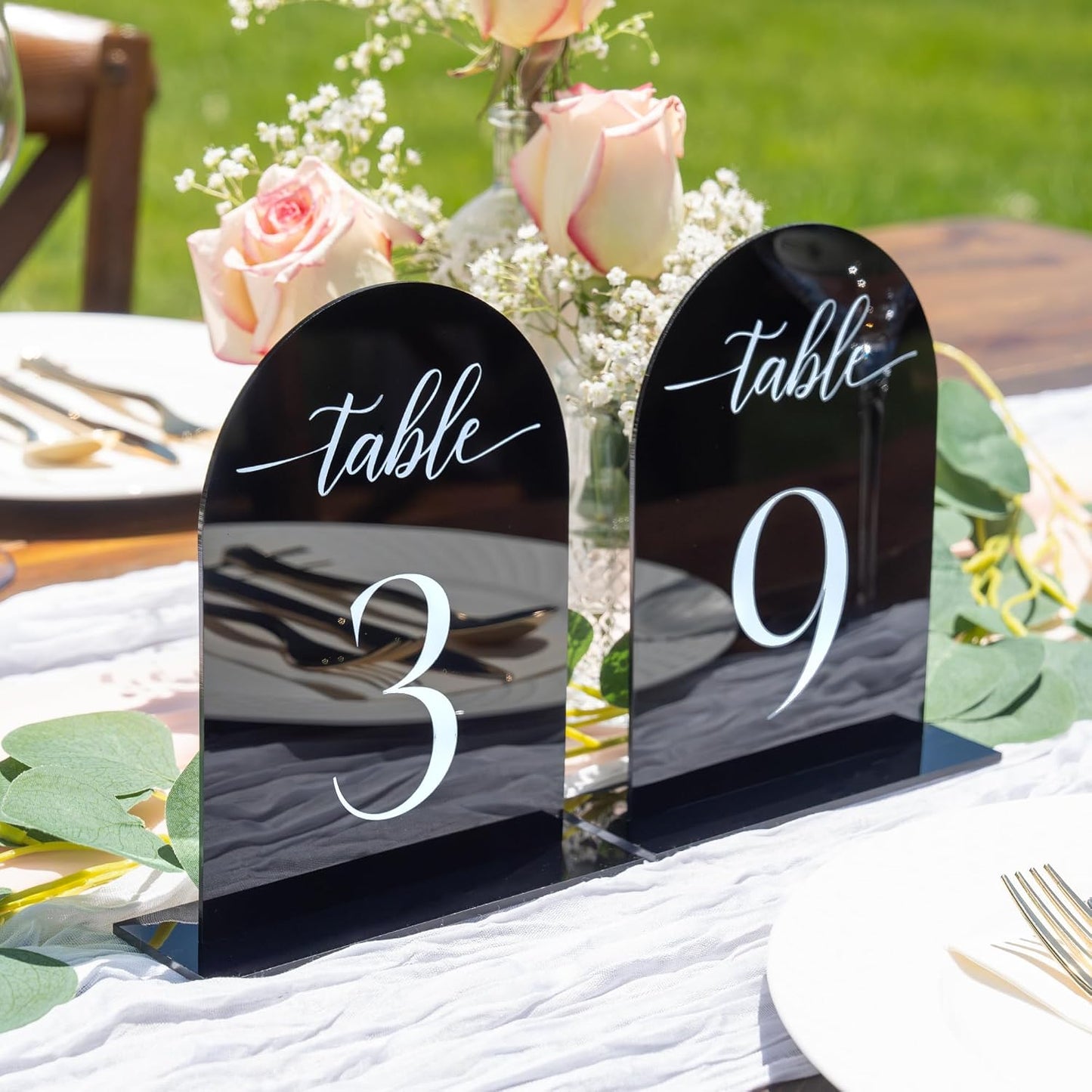 Black Arch Acrylic Table Numbers for Wedding Reception - 5" x 7" White Font Centerpiece Set with Holder Stands & Head