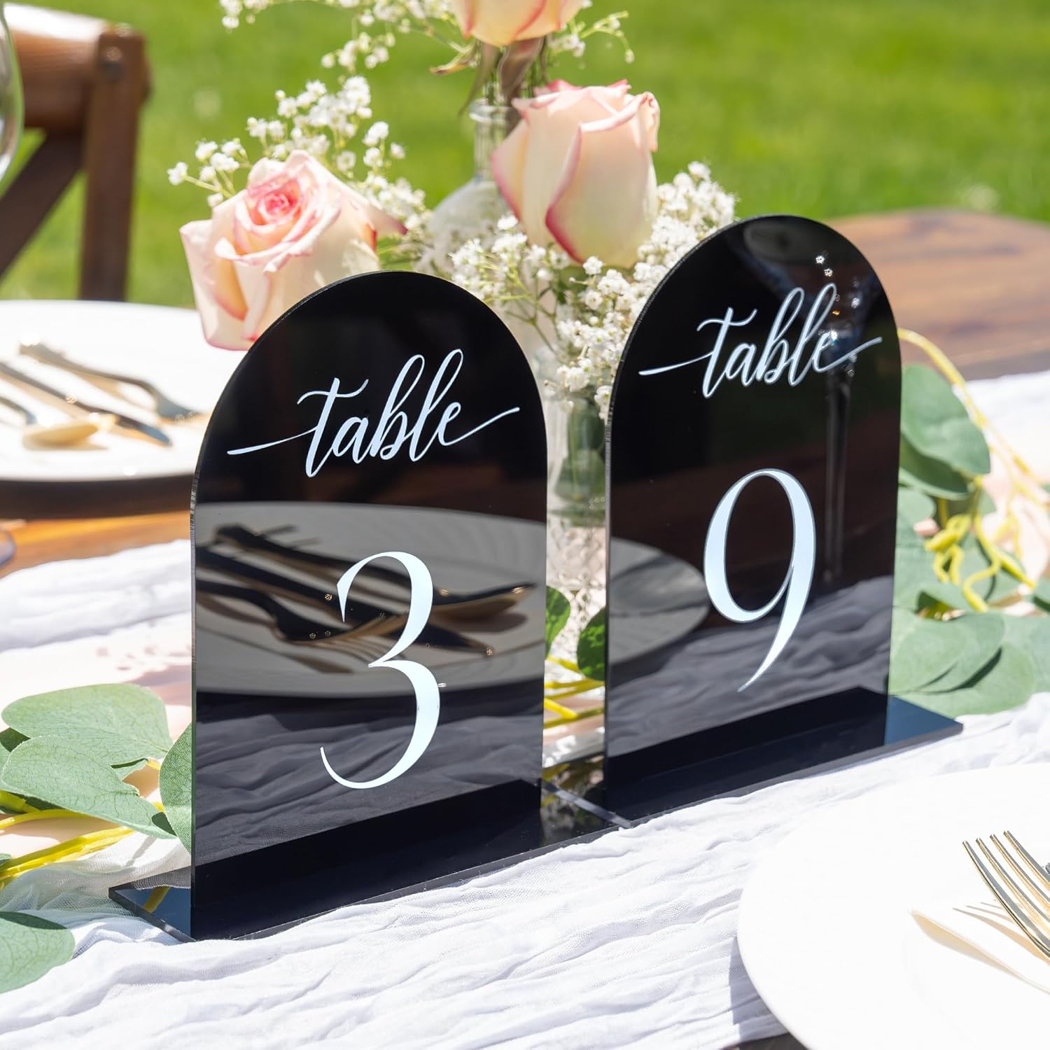 Black Arch Acrylic Table Numbers for Wedding Reception - 5" x 7" White Font Centerpiece Set with Holder Stands & Head