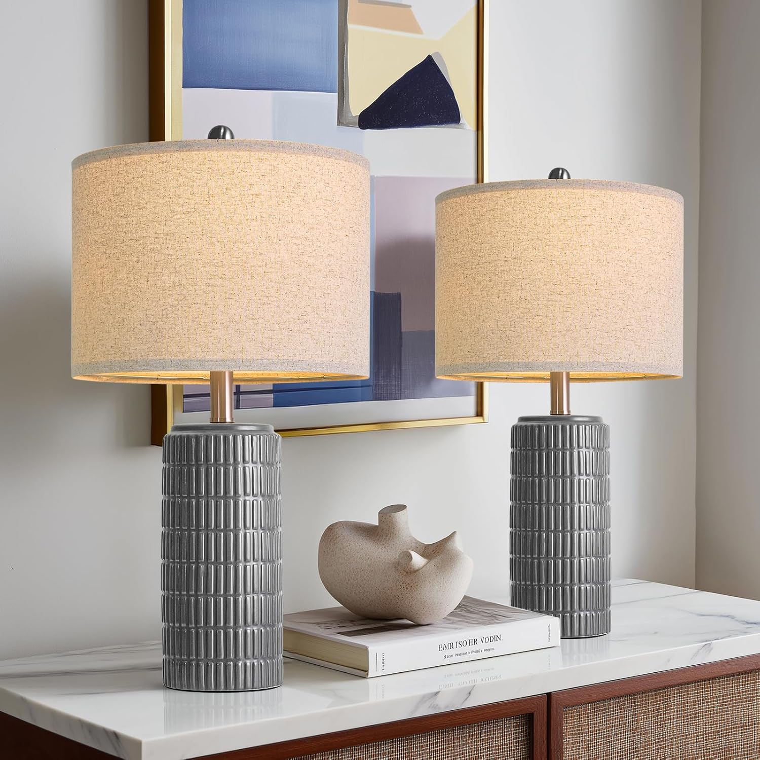 PoKat 23" Ceramic Dark Gray Table Lamps Set of 2 for Living Room, Modern Bedside Lamps for Bedroom, Farmhouse