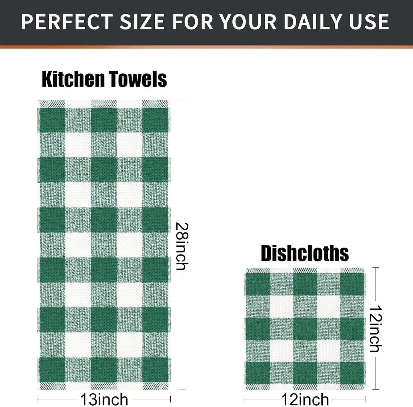 Mordimy 8 Pack Kitchen Towels and Dishcloths Set, Dark Green & White | 28 X 13 Inch and 12 X 12 Inch, Super Soft