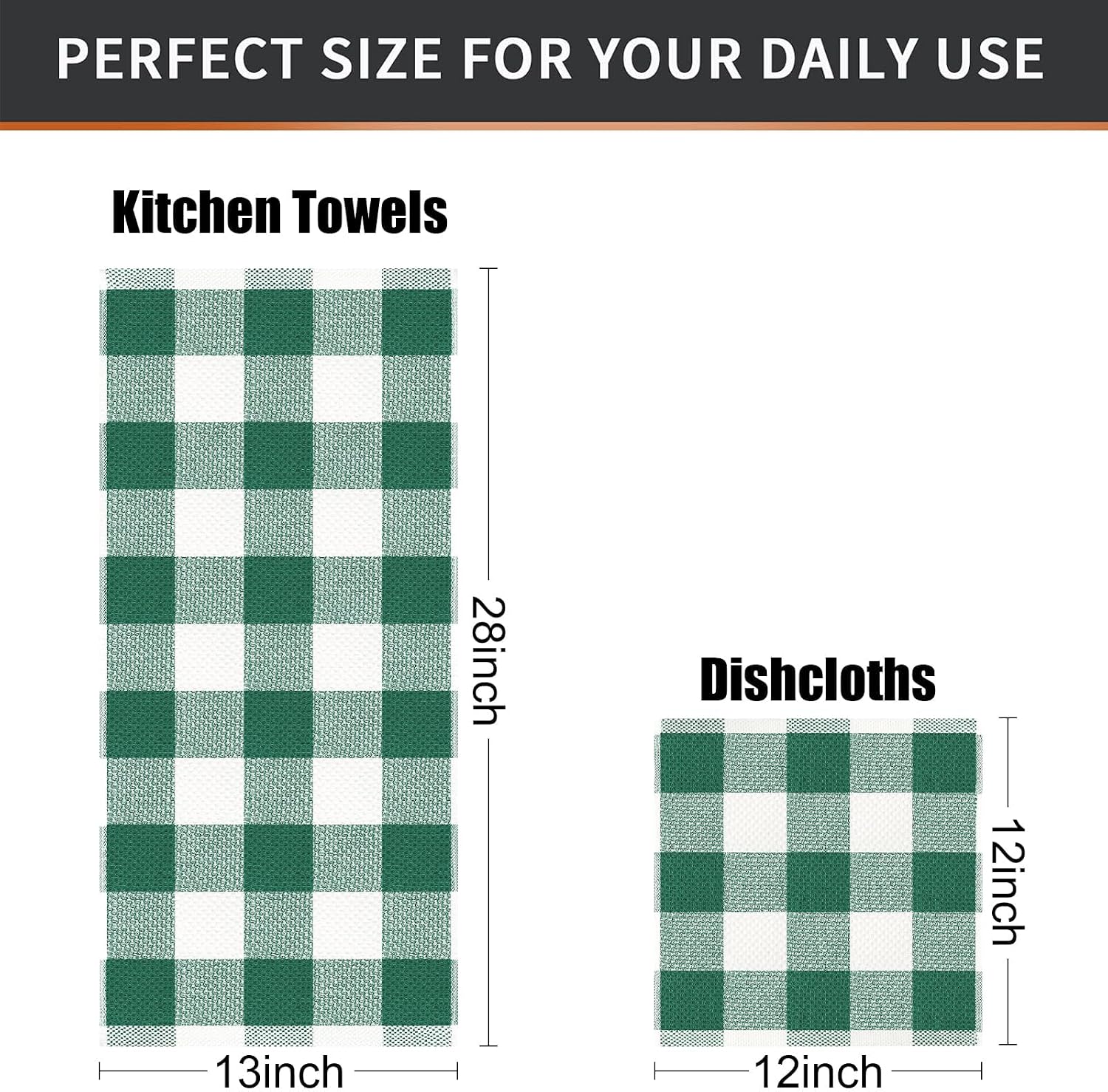Mordimy 8 Pack Kitchen Towels and Dishcloths Set, Dark Green & White | 28 X 13 Inch and 12 X 12 Inch, Super Soft