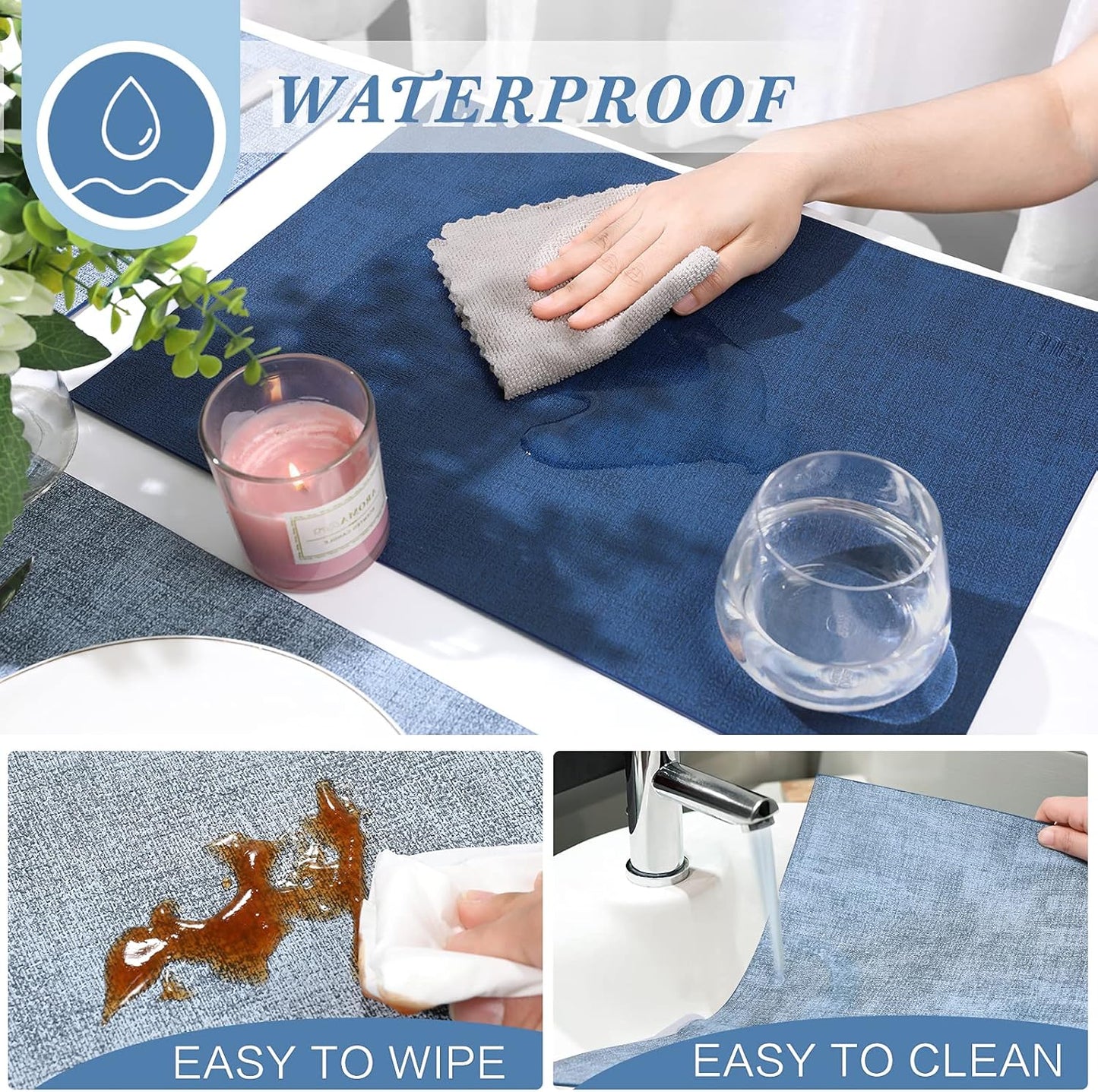Leather Placemats Table Mats Set of 6, Navy Blue & Light Blue | Reversible Non-Slip Table Placemats, Heat-Resistant and