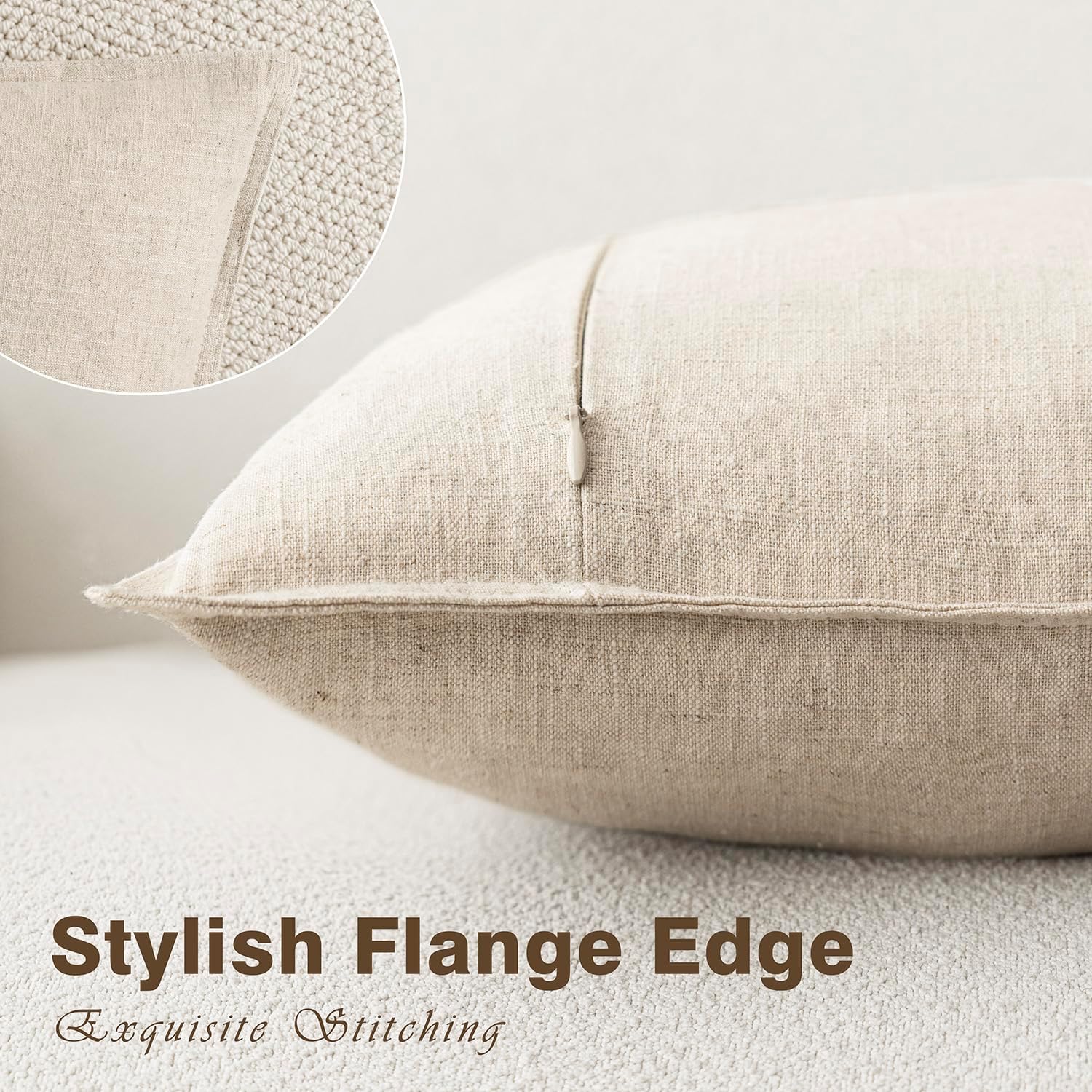 Decorative Linen Soild Throw Pillow Covers Soft Accent Cushion / 18 x 18 / Natural Beige / Set of 2