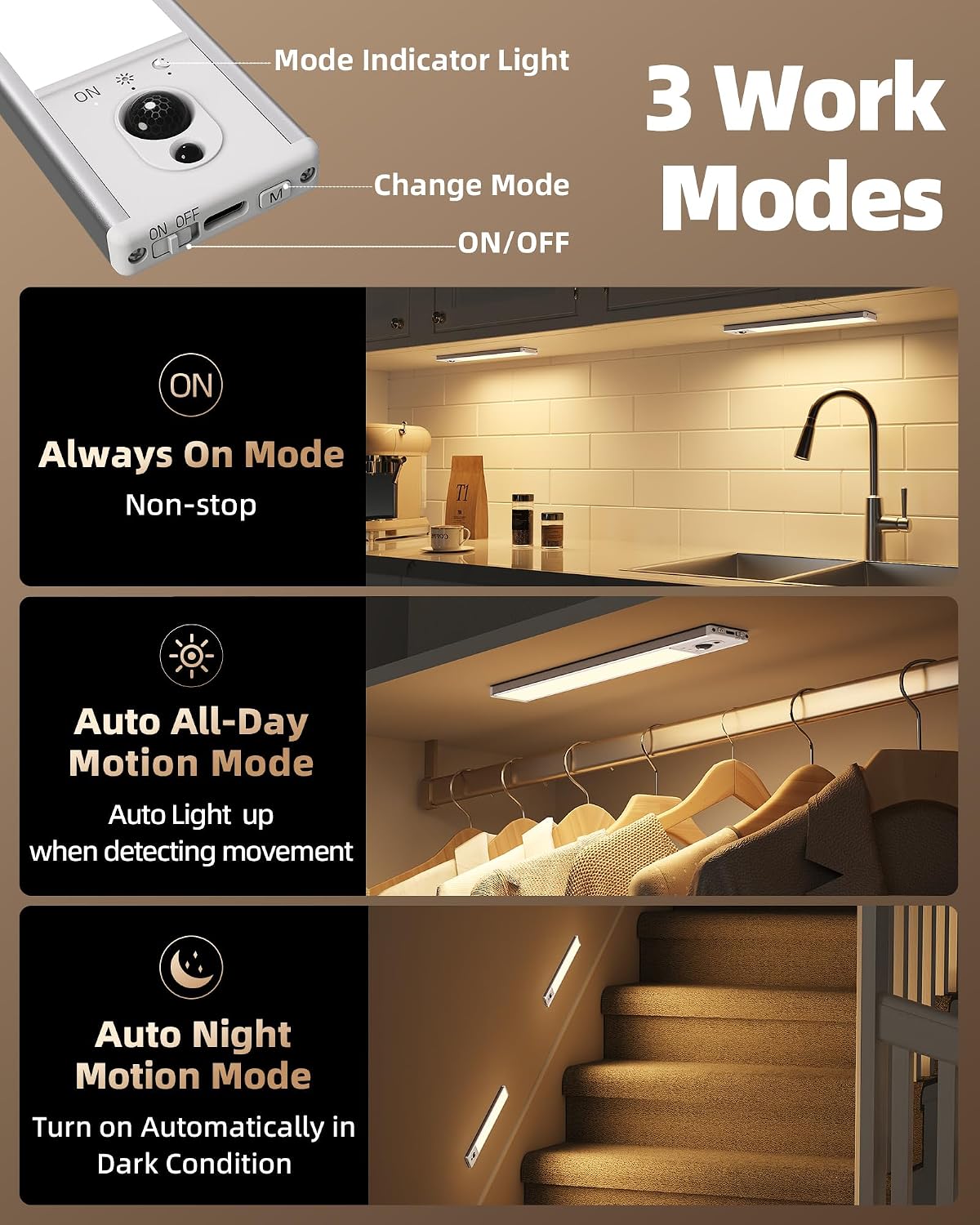 EZVALO 3-Pack Under Cabinet Lighting, 2400mAh Motion Sensor Light, LED Closet Lights Wireless, 3000K Dimmable, Timer