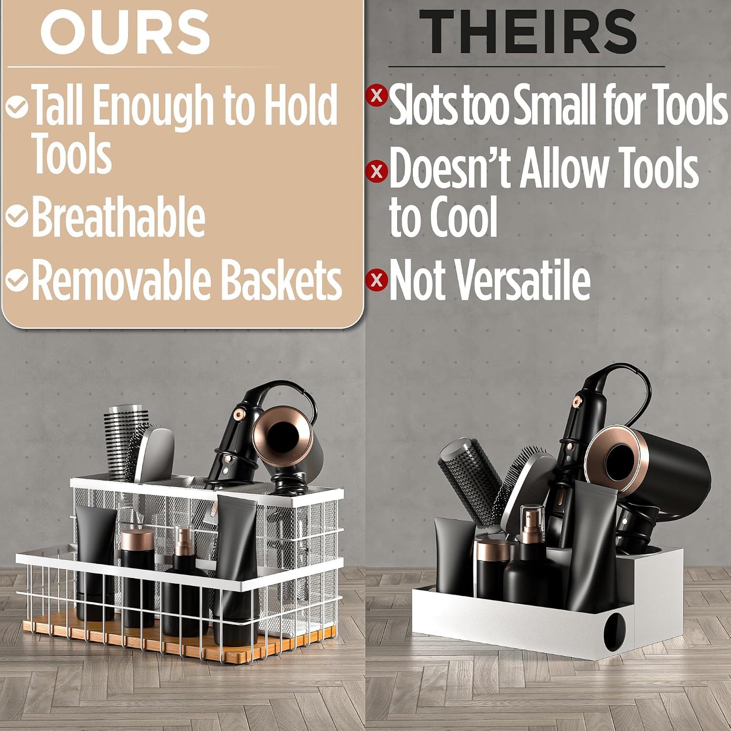 Hair Tool Organizer Countertop, Breathable Metal & Bamboo, Heat-Resistant | No Assembly Required, Removable Baskets