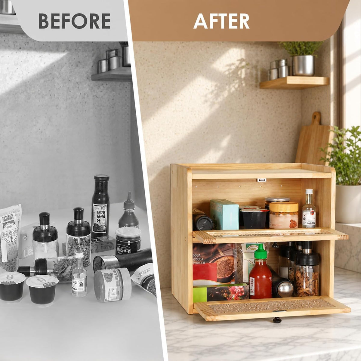 Sunhoo Bread Box for Kitchen Countertop, Large Pine Wood Breadbox, Natural | Farmhouse Pantry Container, Double Layer