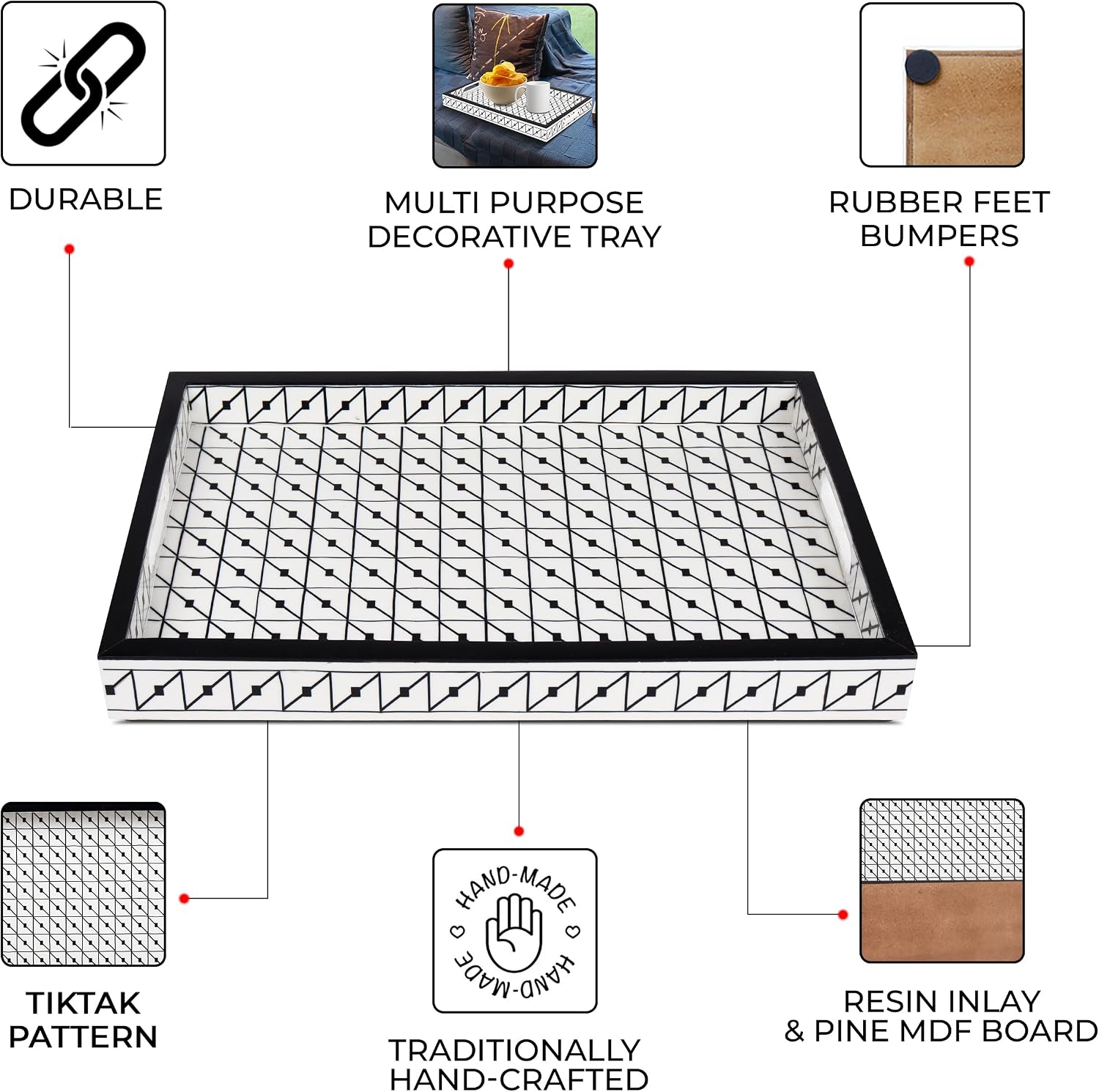 Ottoman Tray / Handmade Pattern Inspired Decorative Tray / 17 x 11 x 1.5 / Illusion Tiktak