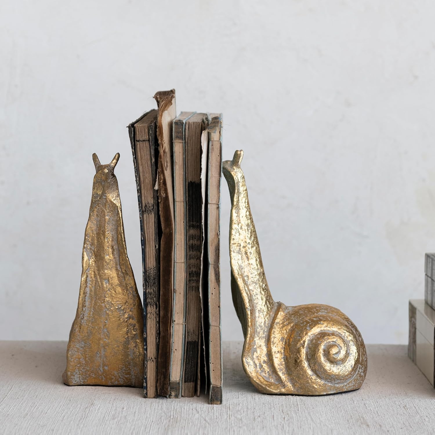 Decorative Distressed Cast Metal Snail Bookends / Gold