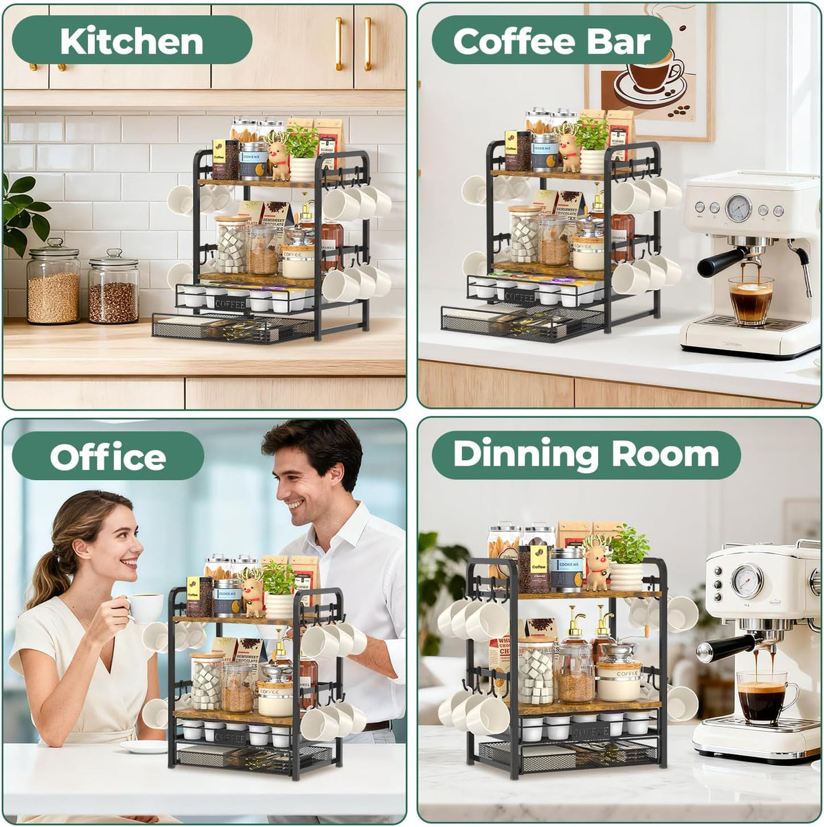 EsLuker.ly Coffee Bar Organizer Station Shelf Mug Holder for Countertop | 4 Tier Mug Holder Stand with 12 Hooks, K Cup