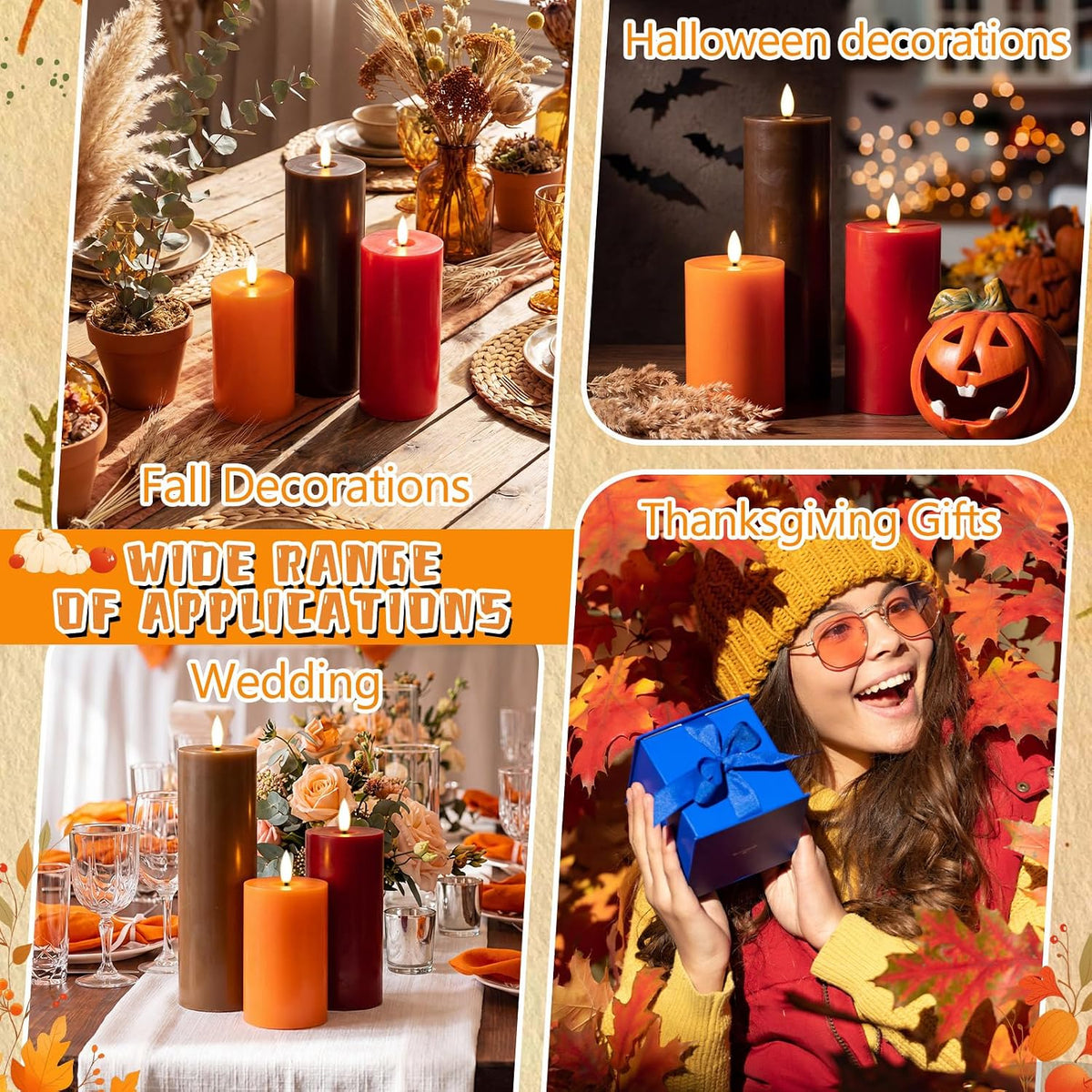 3 Pcs Fall 6/8/12 Inches Flameless LED Candles with Remote and 2/4/8h Timer Red Orange Brown Battery Operated Wax