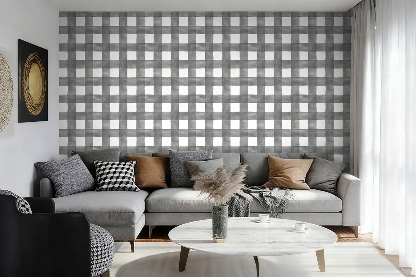 Grey Wallpaper Peel and Stick Plaid Modern Wall Paper Checkered / 17.3 x 78.7 / Grey and White